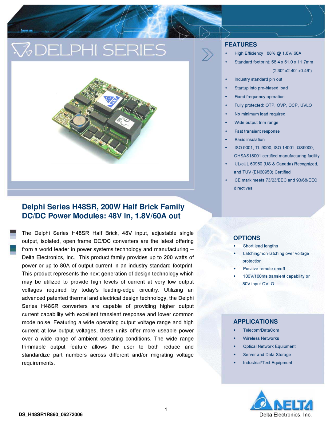 Delta Electronics Series H48SR manual Features, Options, Applications 