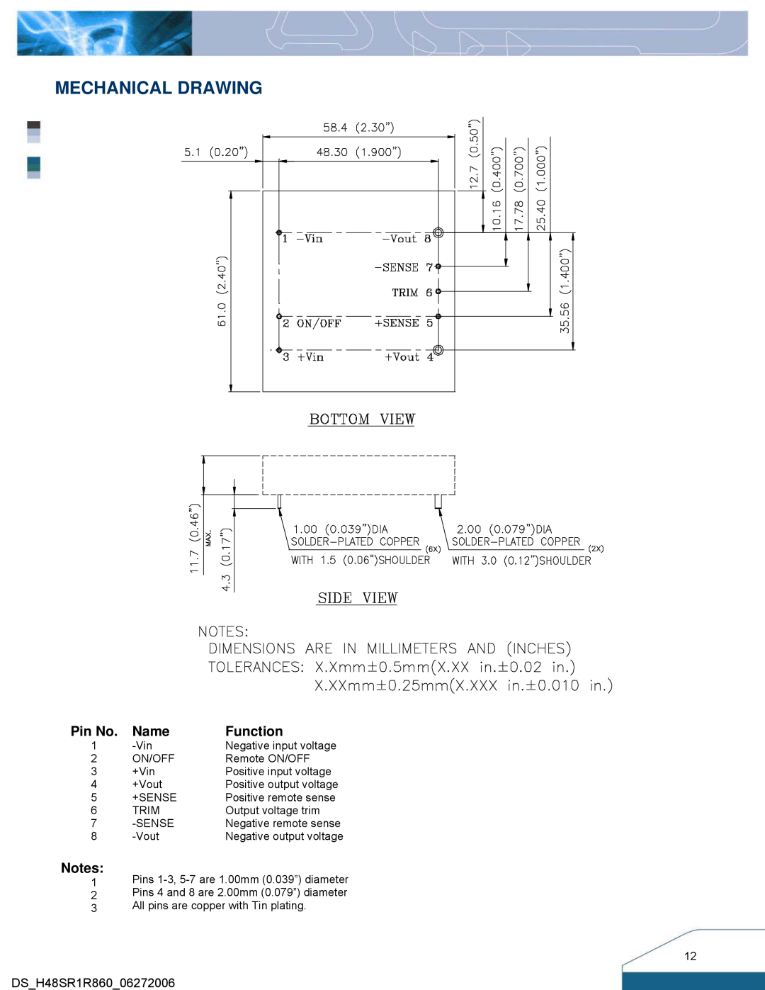 Delta Electronics Series H48SR manual Mechanical Drawing, Pin No, Name, Function 