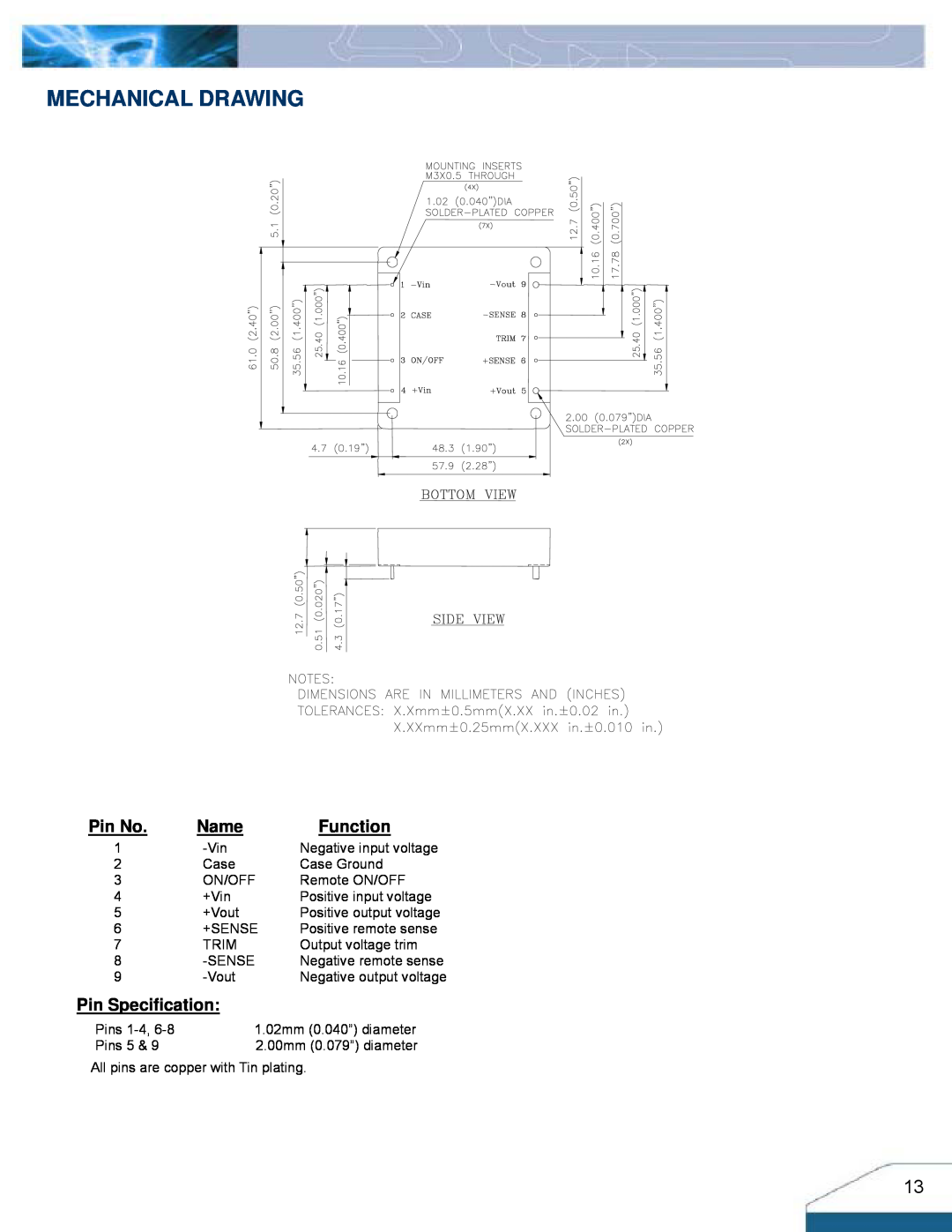 Delta Electronics Series H48SV manual Mechanical Drawing, Name, Function, Pin Specification, Pin No 