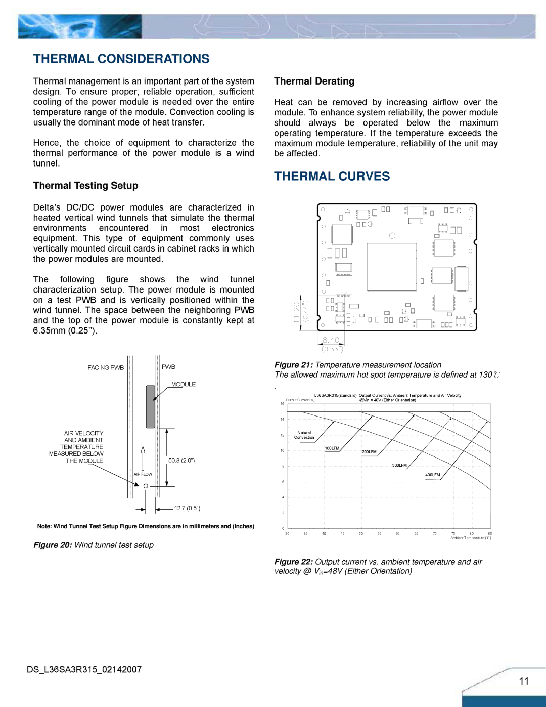 Delta Electronics Series L36SA manual Thermal Considerations, Thermal Curves, Thermal Testing Setup Thermal Derating 