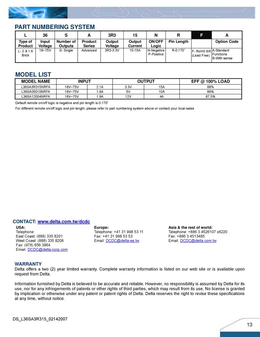 Delta Electronics Series L36SA manual Part Numbering System, Model List 