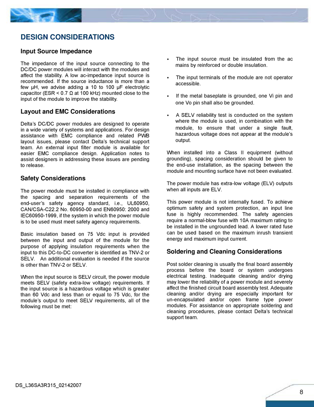 Delta Electronics Series L36SA manual Design Considerations, Input Source Impedance 