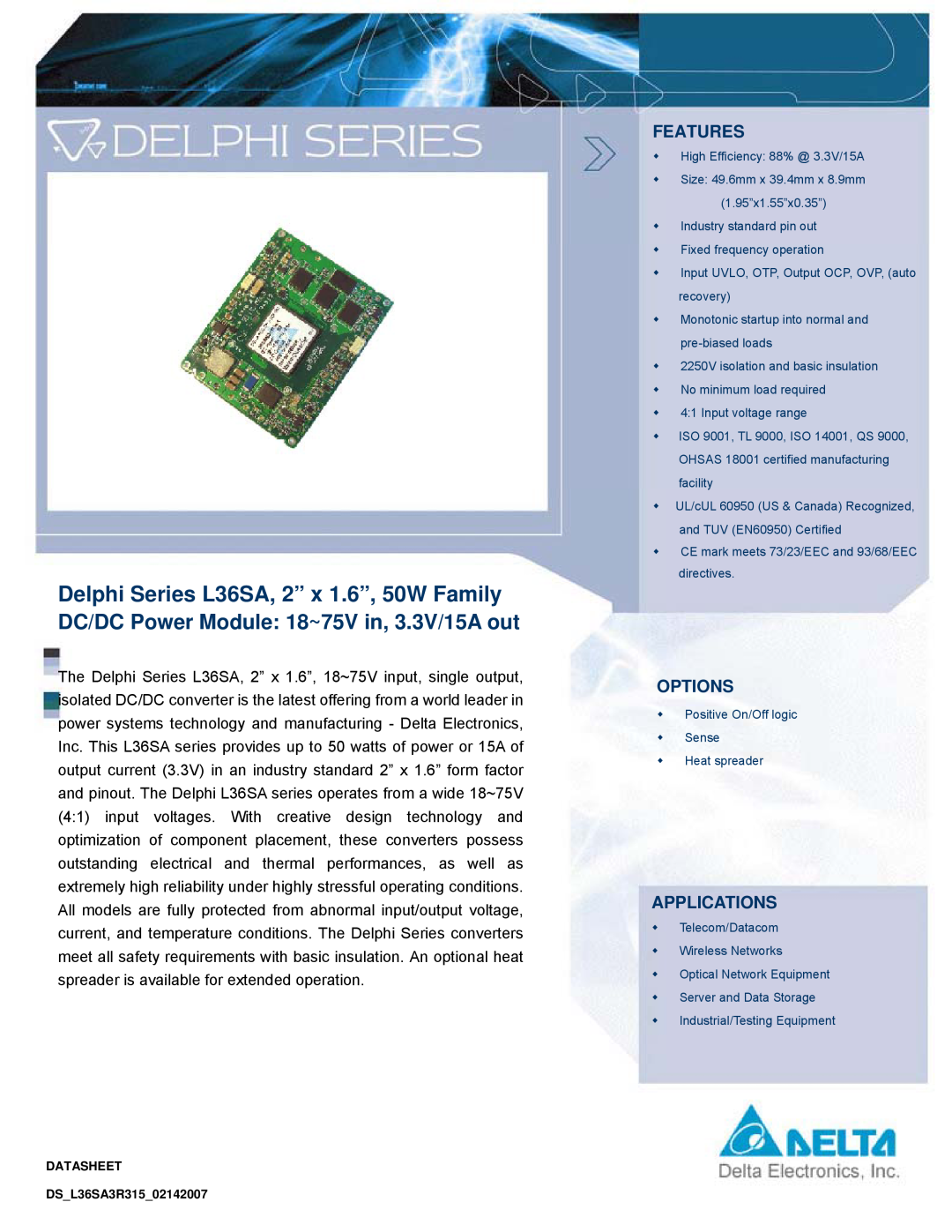 Delta Electronics manual Delphi Series L36SA, 2” x 1.6”, 50W Family, Features, Options, Applications 