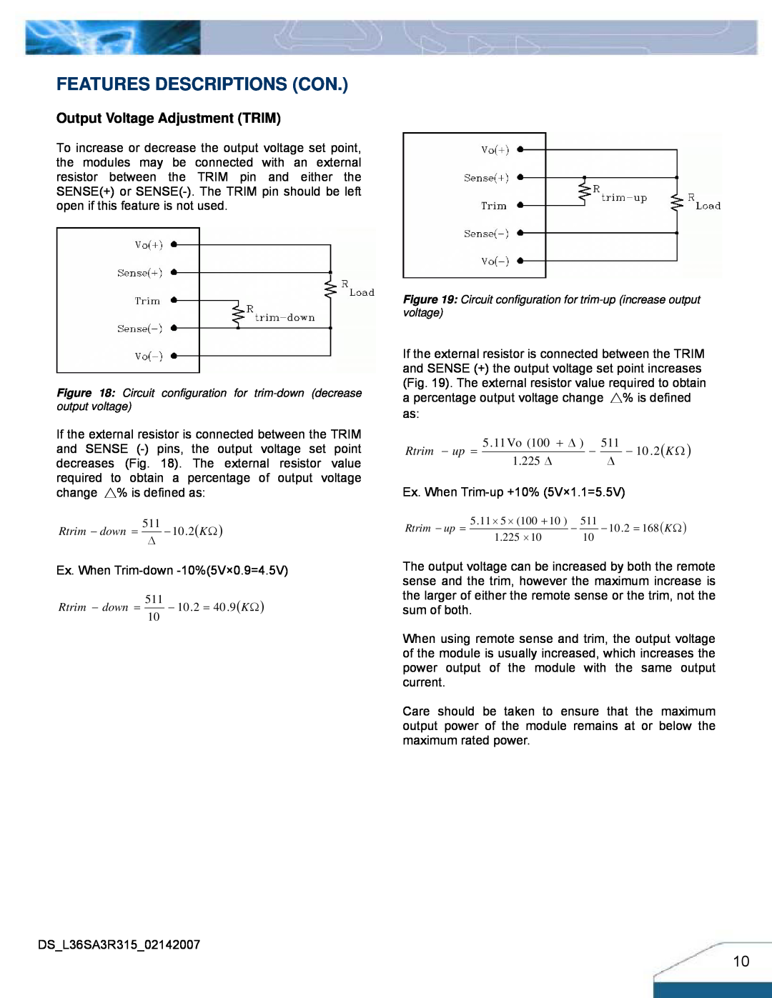 Delta Electronics Series L36SA Features Descriptions Con, Output Voltage Adjustment TRIM, Rtrim − down = 511∆ − 10.2KΩ 