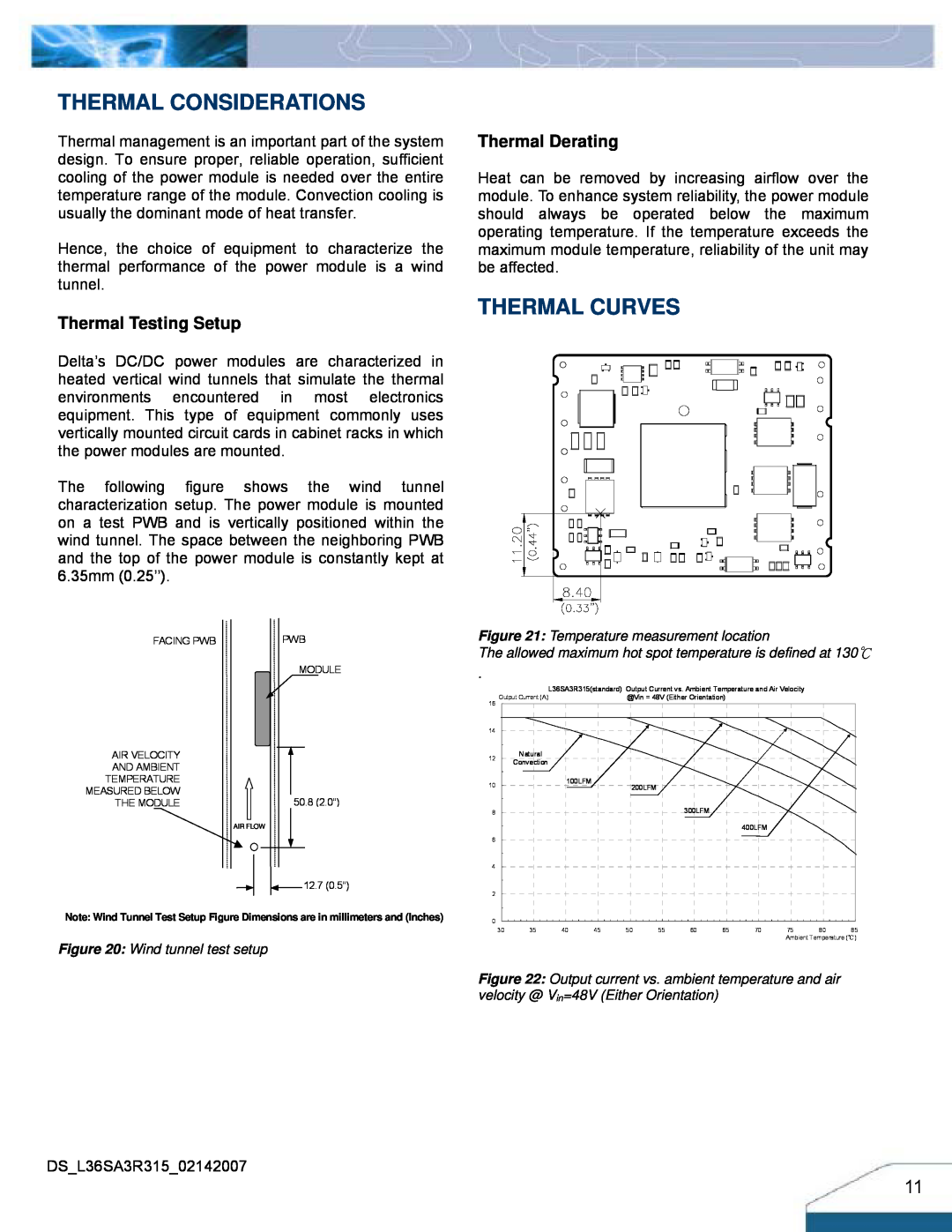 Delta Electronics Series L36SA manual Thermal Considerations, Thermal Curves, Thermal Testing Setup, Thermal Derating 