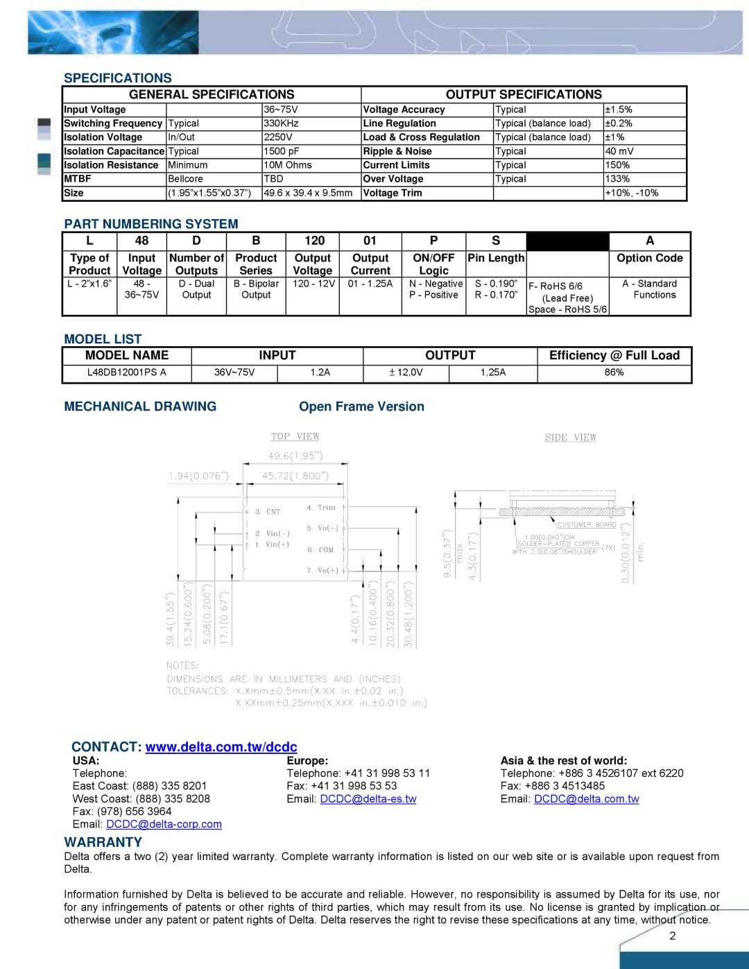 Delta Electronics Series L48DB manual Warranty, Specifications, Part Numbering System, Model List, Mechanical Drawing 