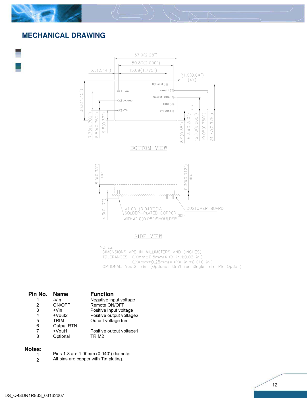 Delta Electronics Series Q48DR manual Mechanical Drawing, Pin No Name Function 