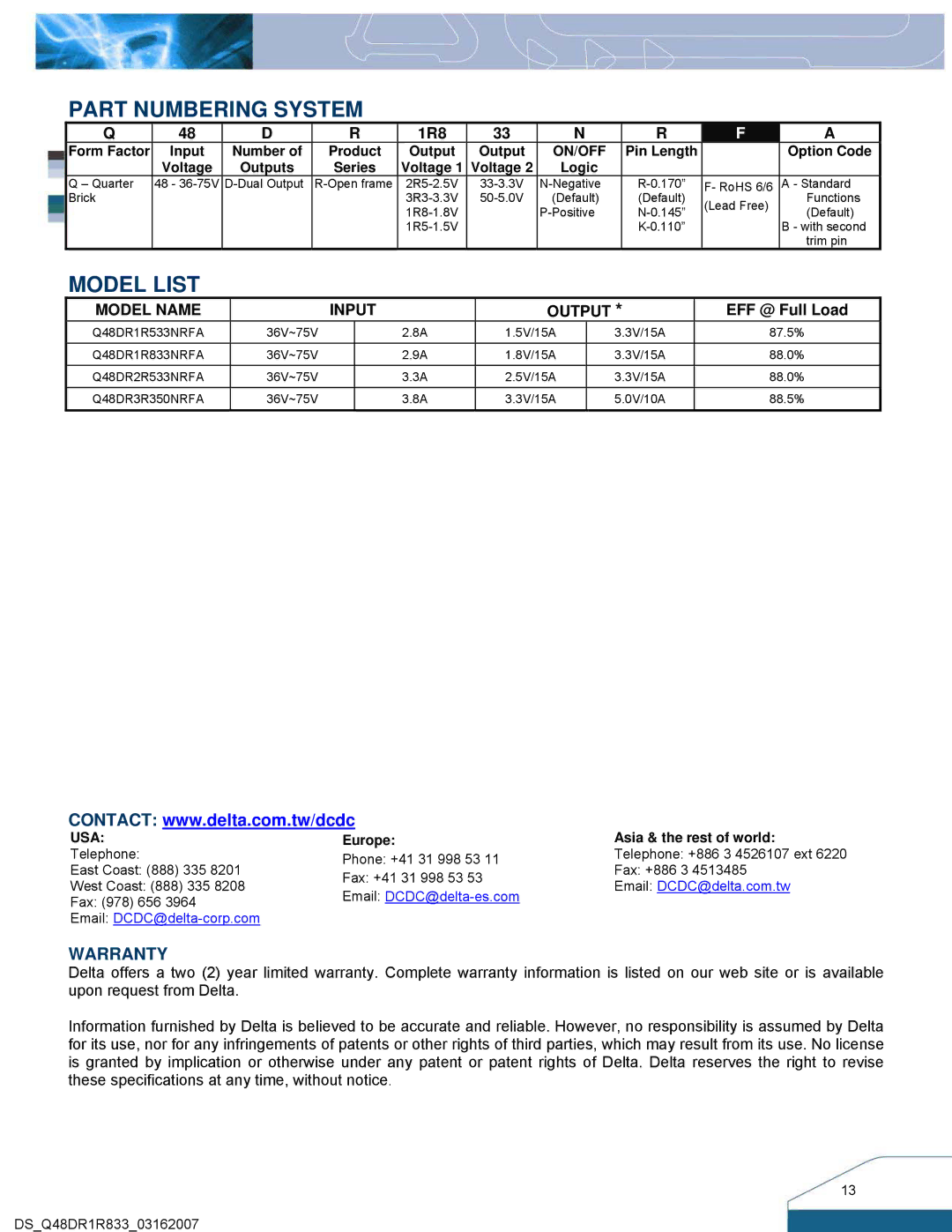 Delta Electronics Series Q48DR manual Part Numbering System, Model List 