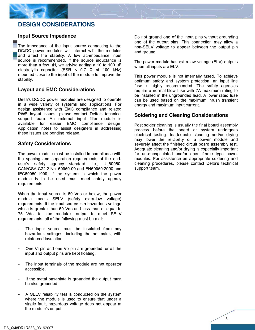 Delta Electronics Series Q48DR manual Design Considerations, Input Source Impedance 