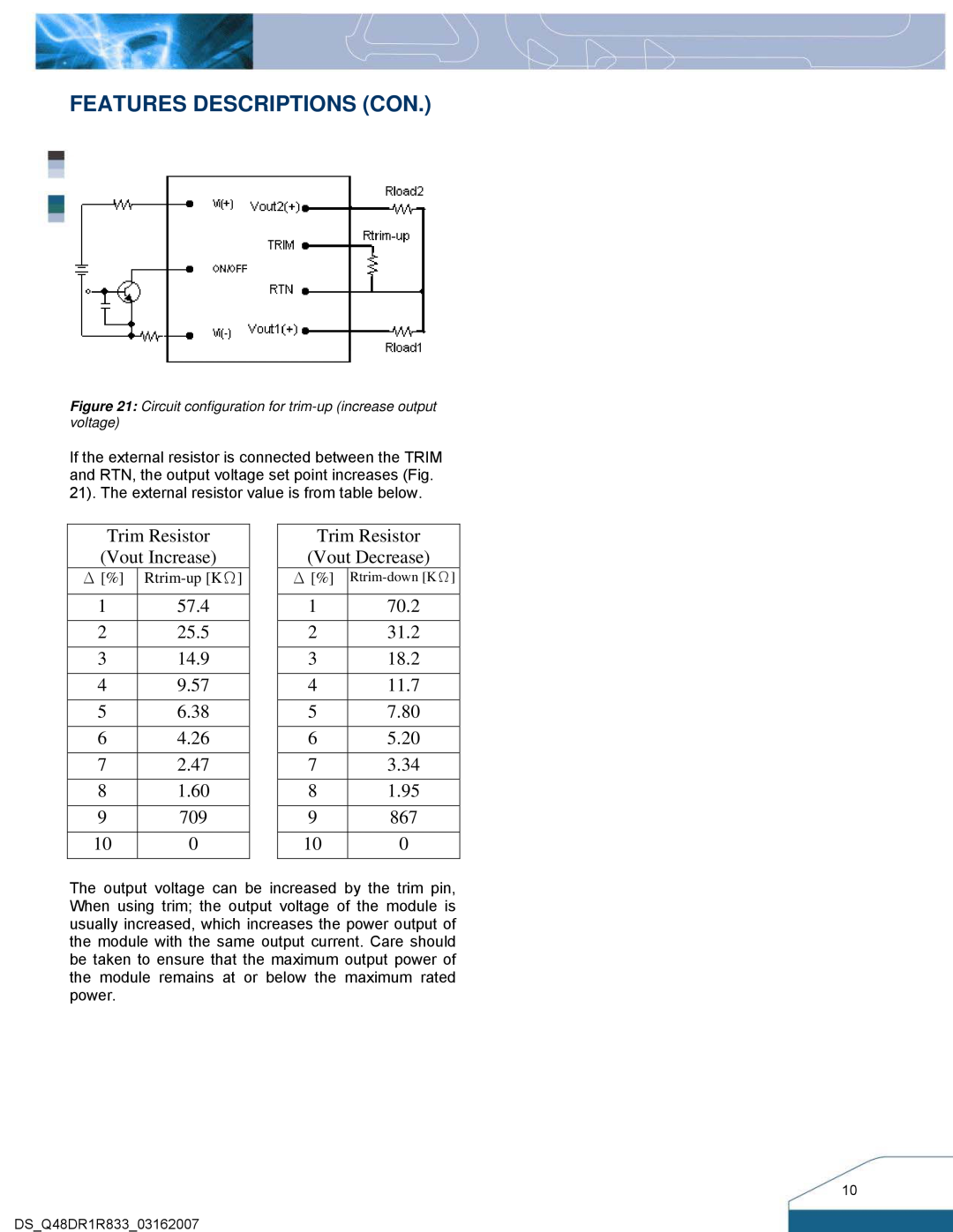 Delta Electronics Series Q48DR manual Features Descriptions Con, Trim Resistor Vout Increase, Trim Resistor Vout Decrease 