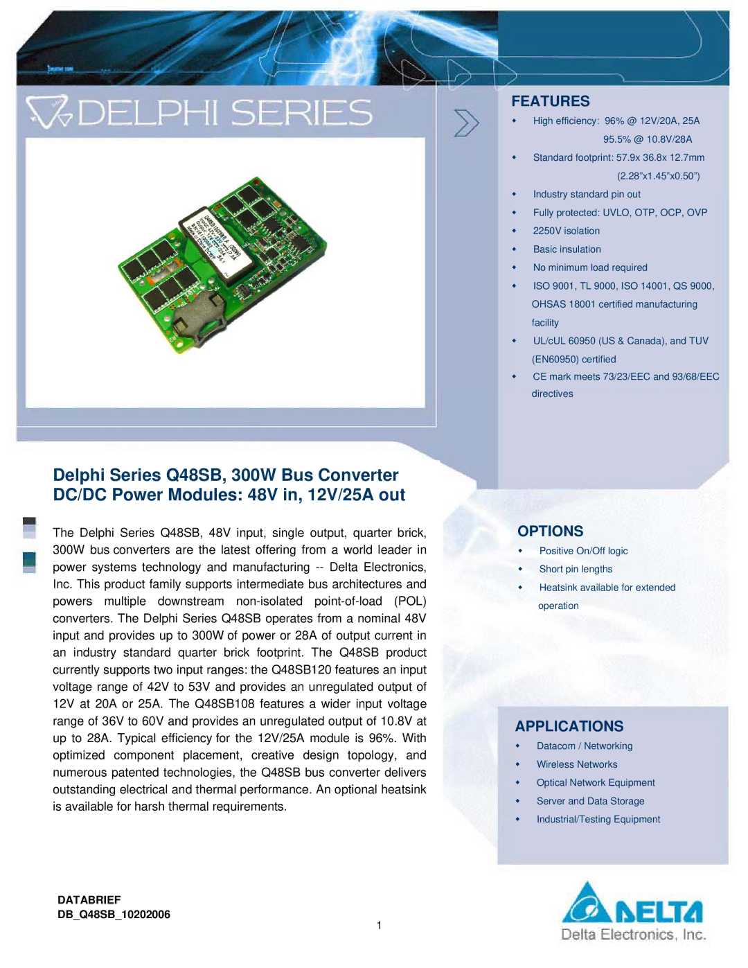 Delta Electronics Series Q48SB manual Features, Options, Applications, Databrief, DBQ48SB10202006 