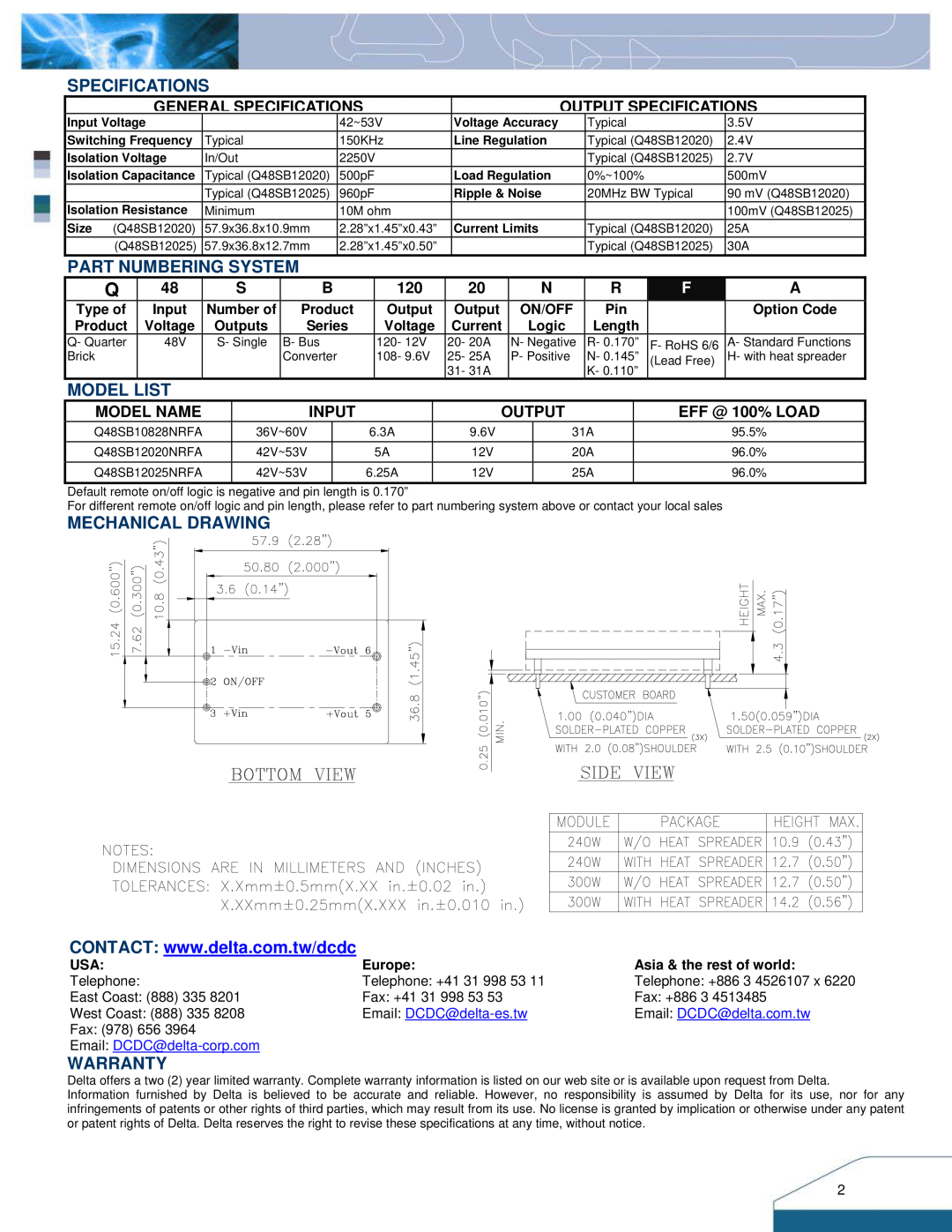 Delta Electronics Series Q48SB Specifications, Part Numbering System, Model List, Mechanical Drawing, Warranty, Model Name 