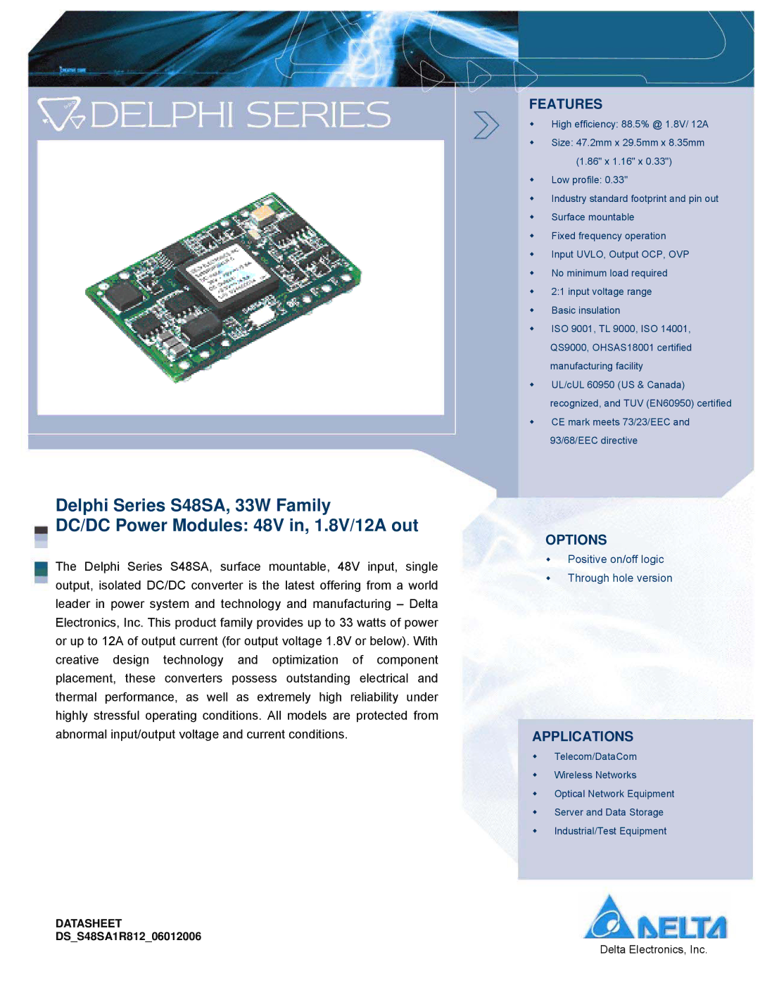 Delta Electronics 33W Family, Series S48SA manual Options 