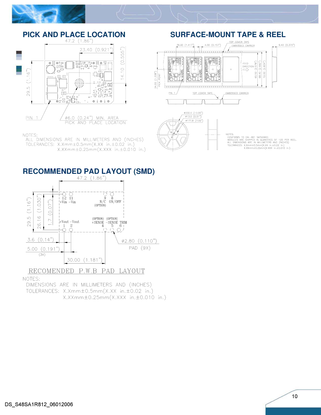 Delta Electronics Series S48SA, 33W Family manual Pick and Place Location, Recommended PAD Layout SMD 