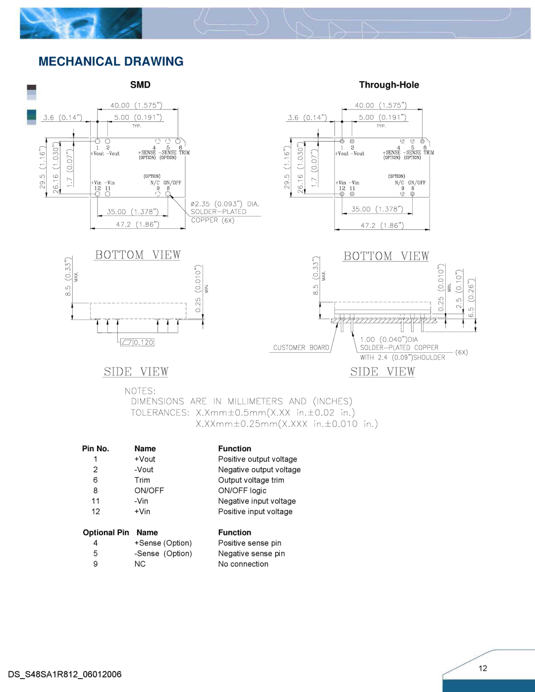 Delta Electronics Series S48SA, 33W Family manual Mechanical Drawing, Smd 