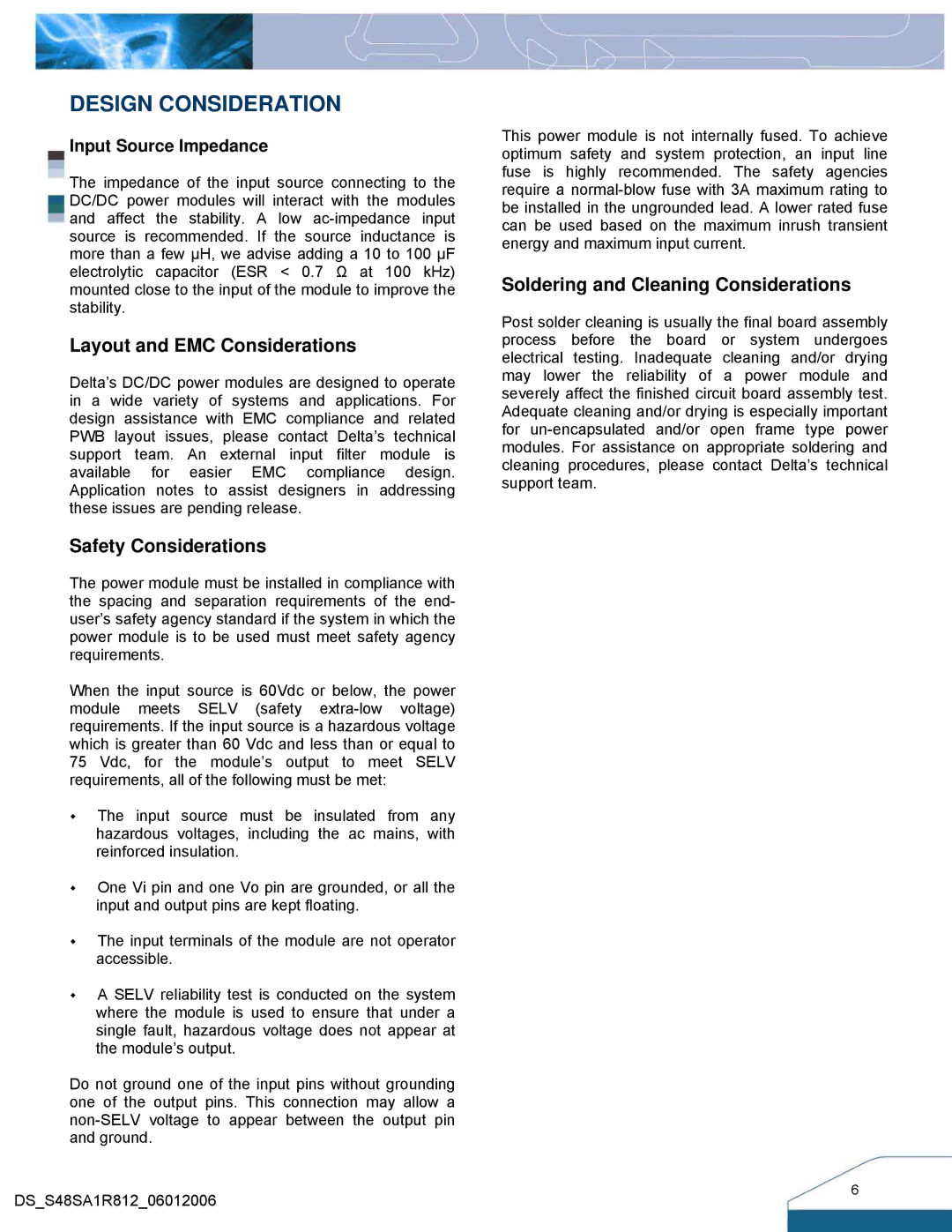 Delta Electronics Series S48SA, 33W Family manual Design Consideration, Input Source Impedance 