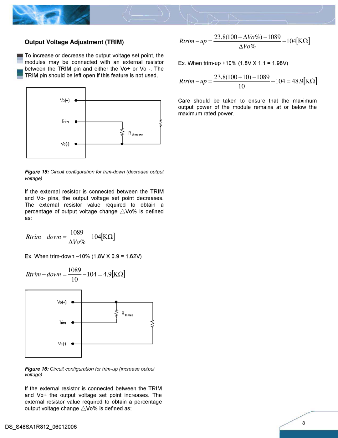Delta Electronics Series S48SA, 33W Family manual Rtrim − down = ∆1089Vo% −104ΚΩ, Output Voltage Adjustment Trim 