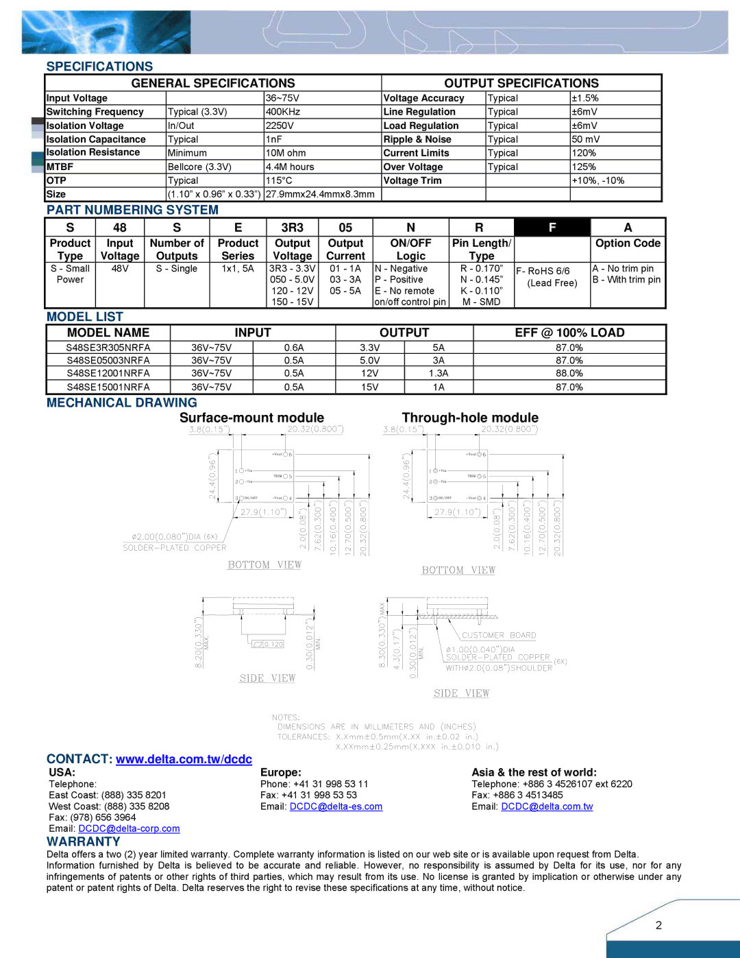 Delta Electronics Series S48SE manual Specifications, Part Numbering System, Model List, Mechanical Drawing, Warranty 