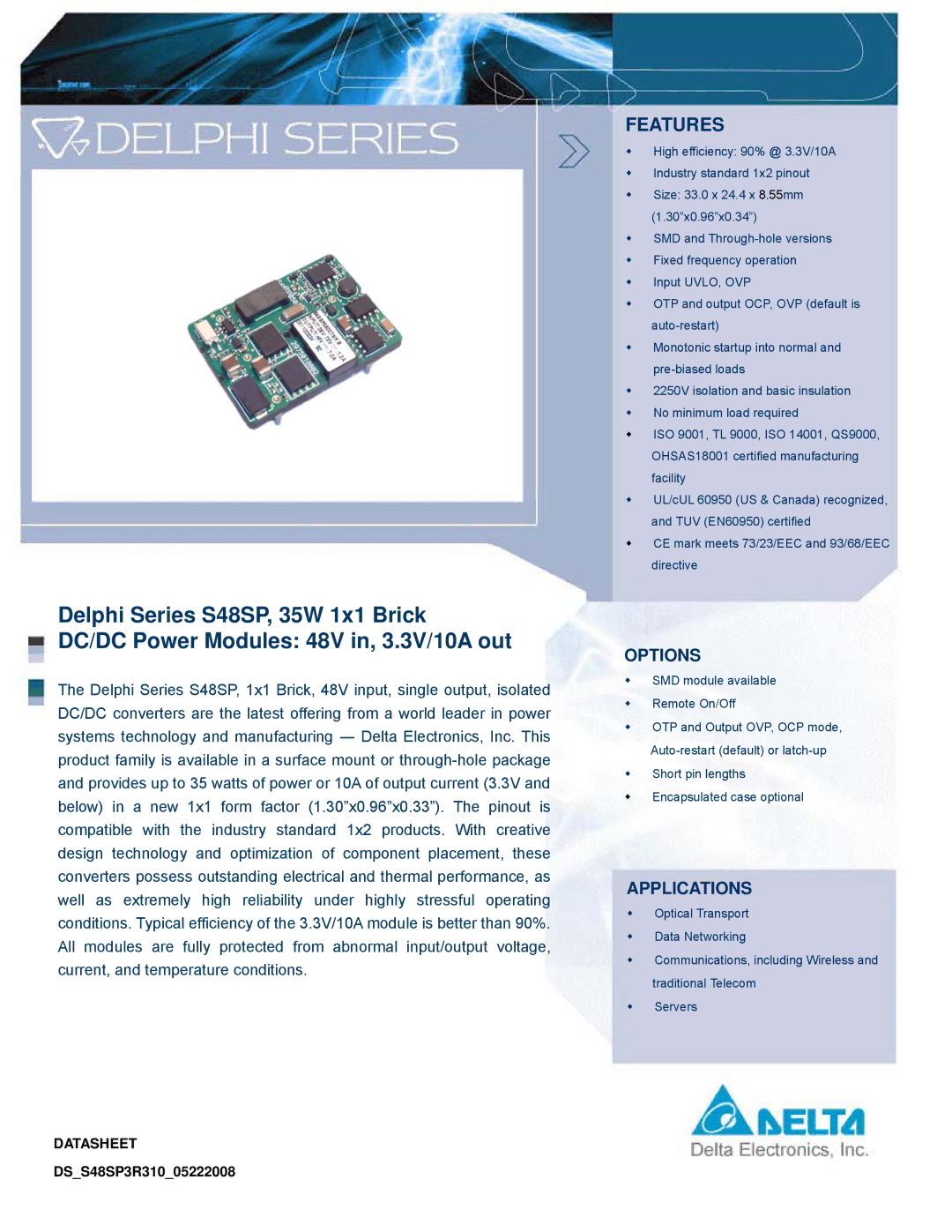 Delta Electronics Series S48SP manual Features 