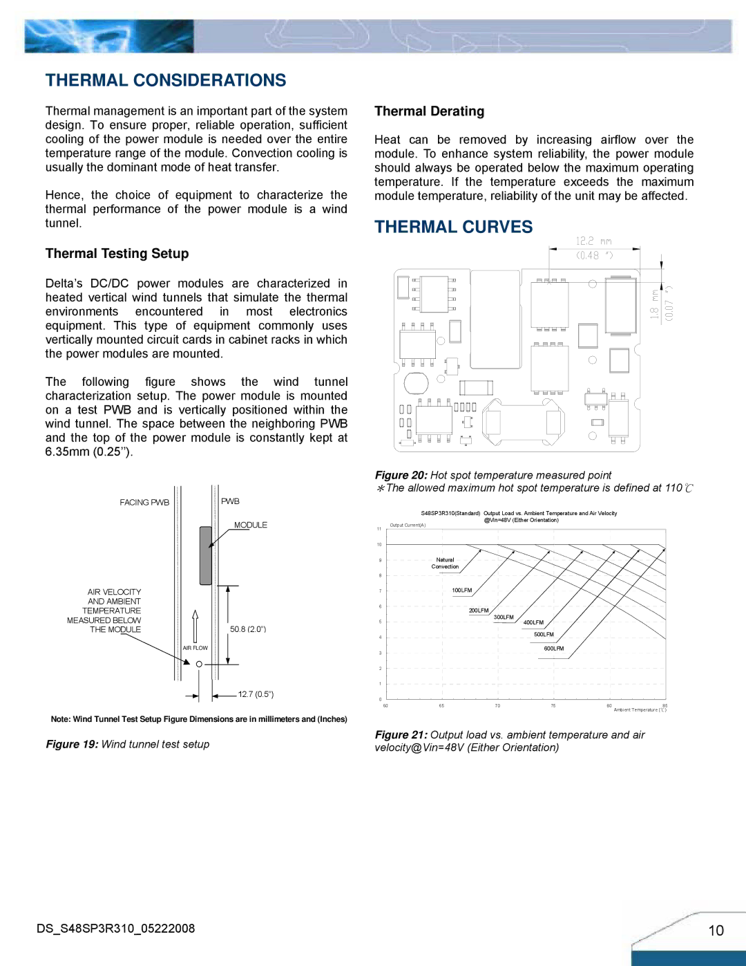 Delta Electronics Series S48SP manual Thermal Considerations, Thermal Curves, Thermal Testing Setup, Thermal Derating 