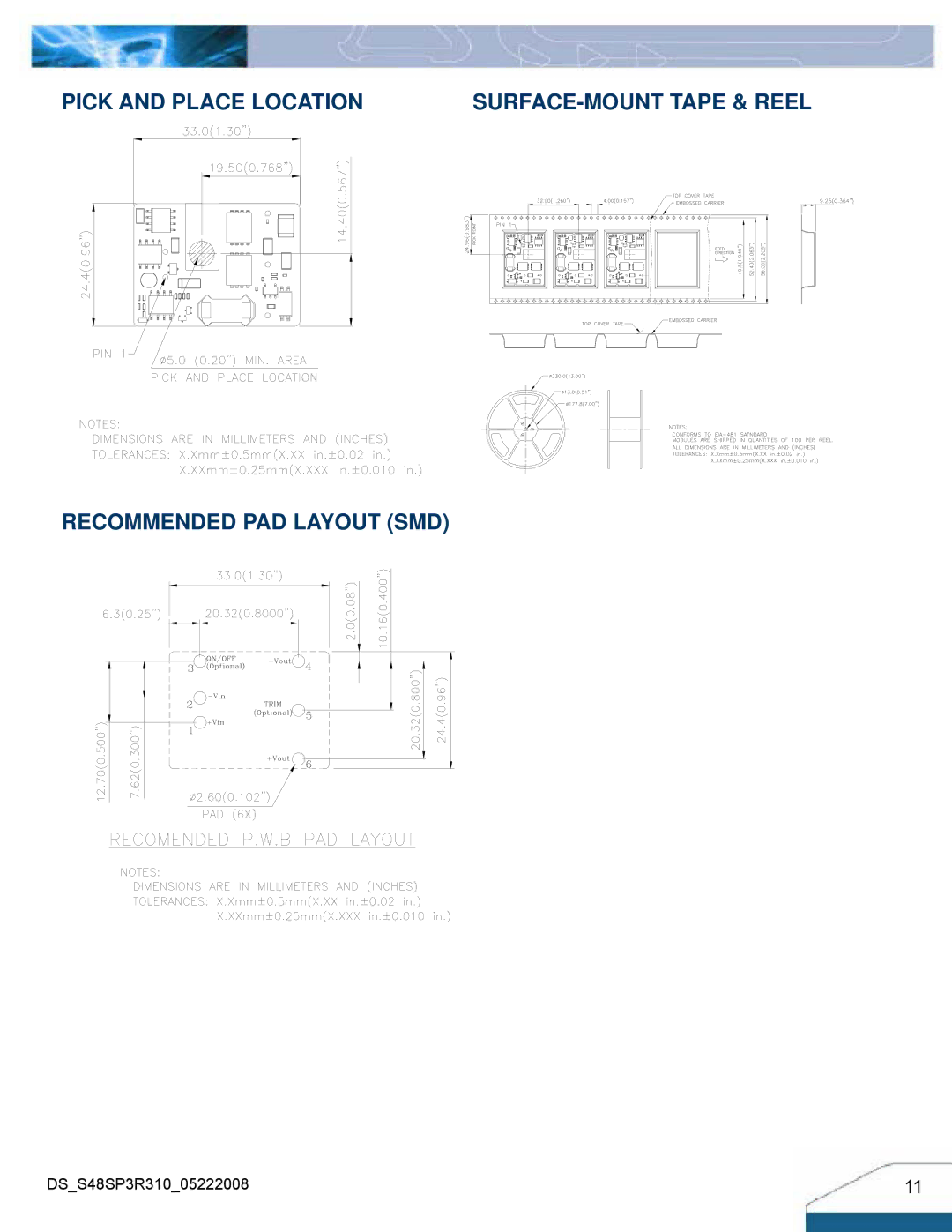 Delta Electronics Series S48SP manual Pick and Place Location, Recommended PAD Layout SMD 