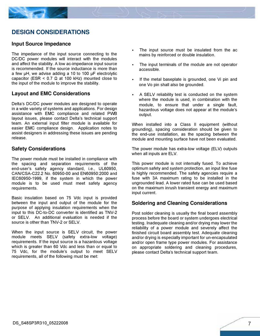 Delta Electronics Series S48SP manual Design Considerations, Input Source Impedance 