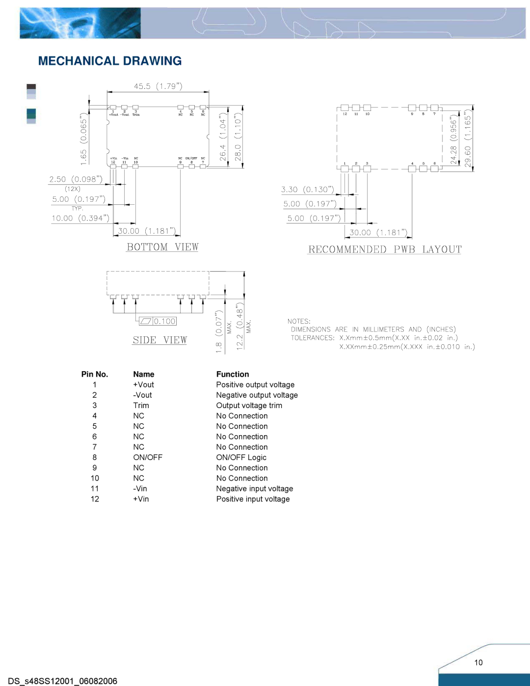 Delta Electronics Series S48SS manual Mechanical Drawing, Pin No Name Function 