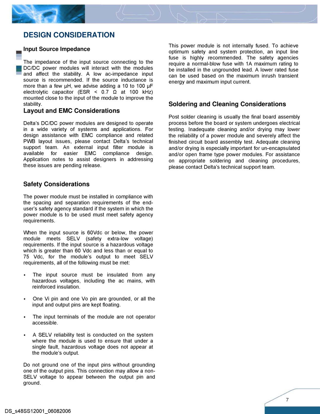Delta Electronics Series S48SS manual Design Consideration, Input Source Impedance 
