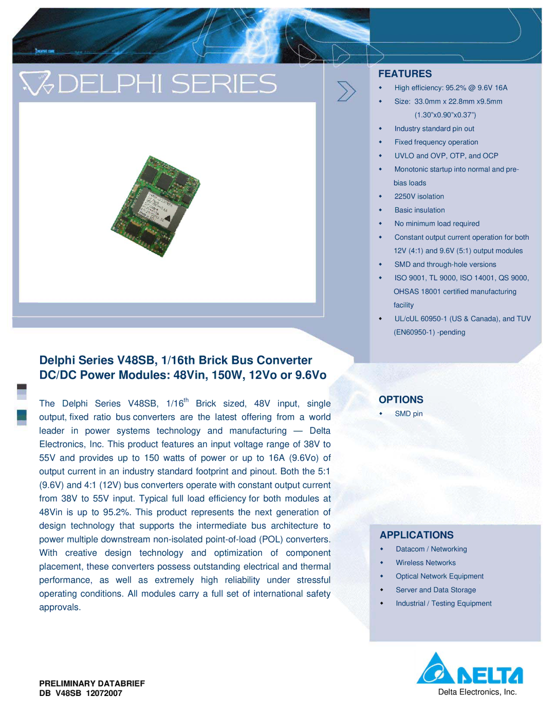 Delta Electronics Series V48SB manual Features, Options, Applications 