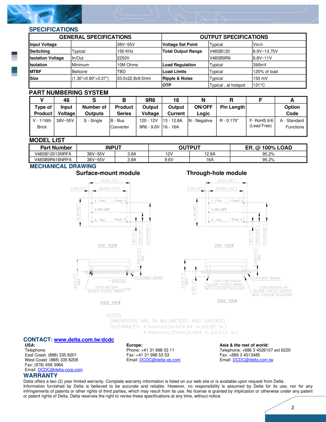 Delta Electronics Series V48SB Specifications, Warranty, Model List, Surface-mount module, Part Numbering System, Input 