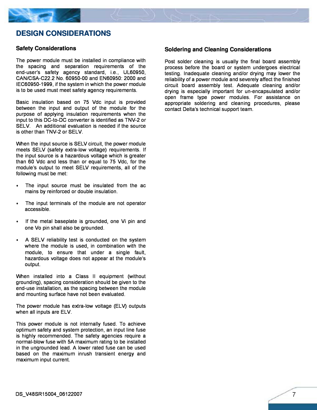 Delta Electronics Series V48SR manual Safety Considerations, Soldering and Cleaning Considerations, Design Considerations 