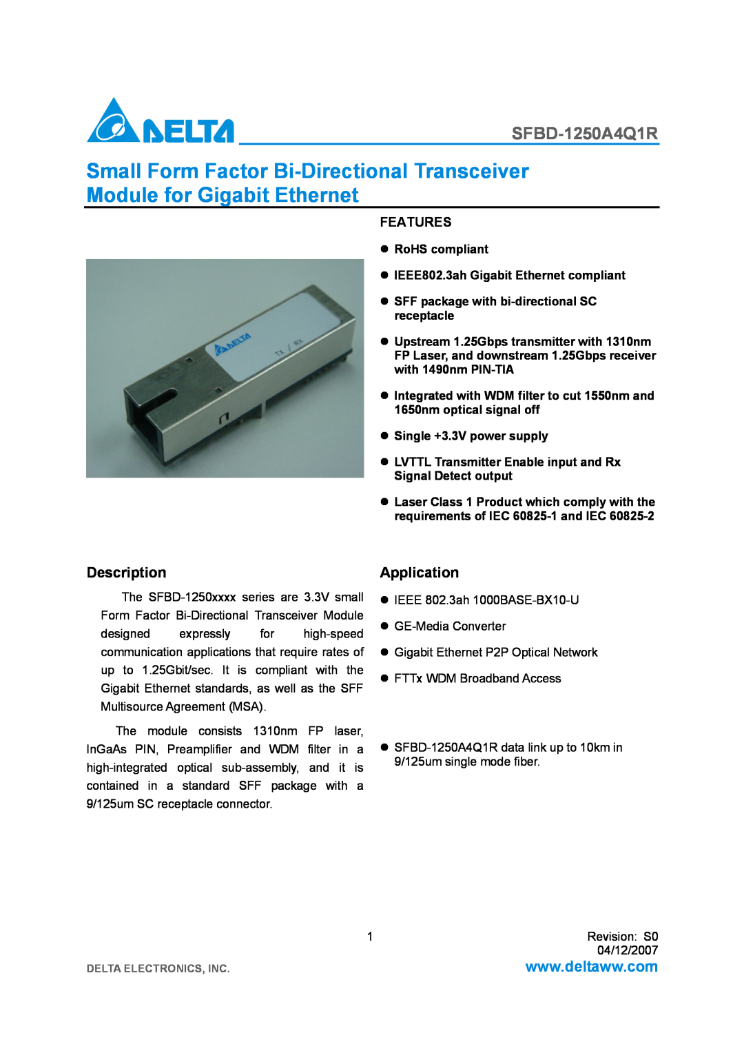 Delta Electronics SFBD-1250A4Q1R manual Description, Application, Features 