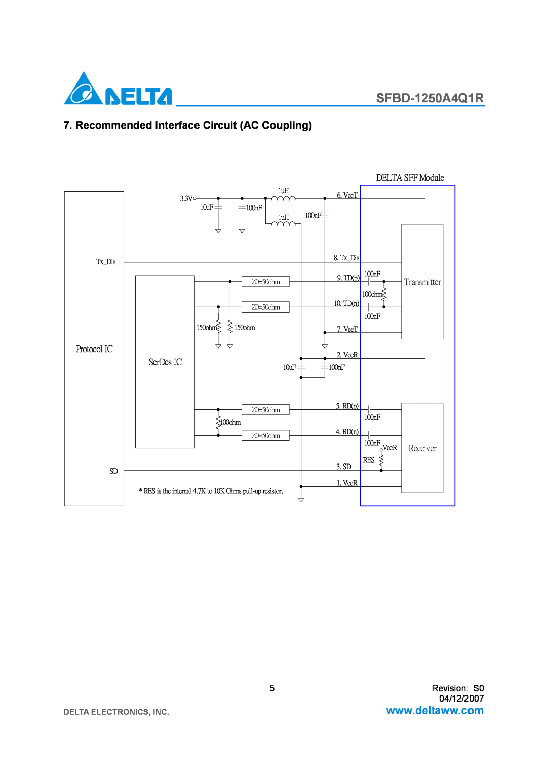 Delta Electronics SFBD-1250A4Q1R manual Recommended Interface Circuit AC Coupling, Delta Electronics, Inc, TxDis, Receiver 