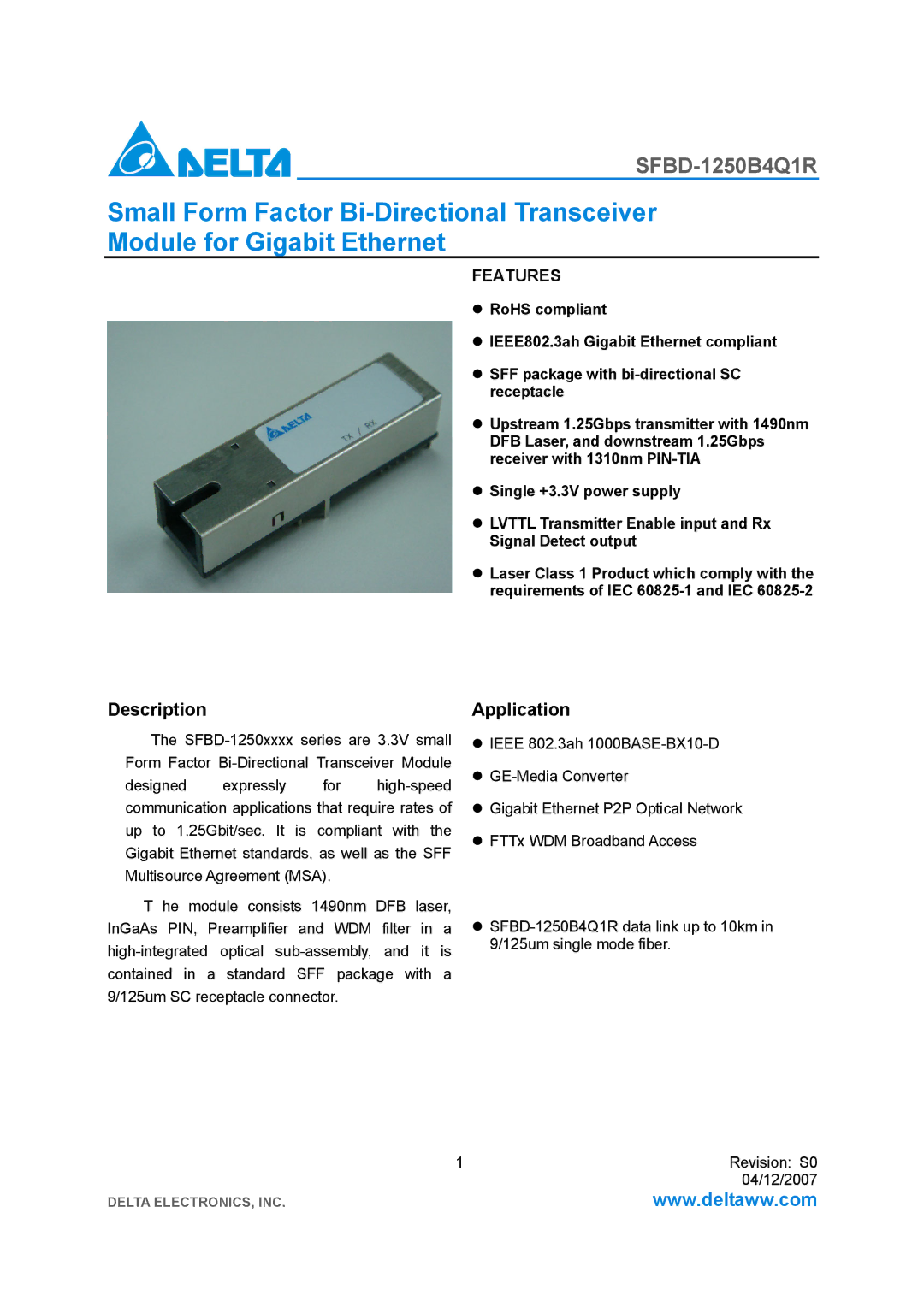 Delta Electronics SFBD-1250B4Q1R manual Description, Application 