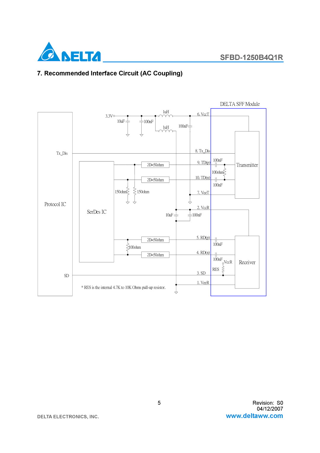 Delta Electronics SFBD-1250B4Q1R manual Recommended Interface Circuit AC Coupling, SerDes IC 