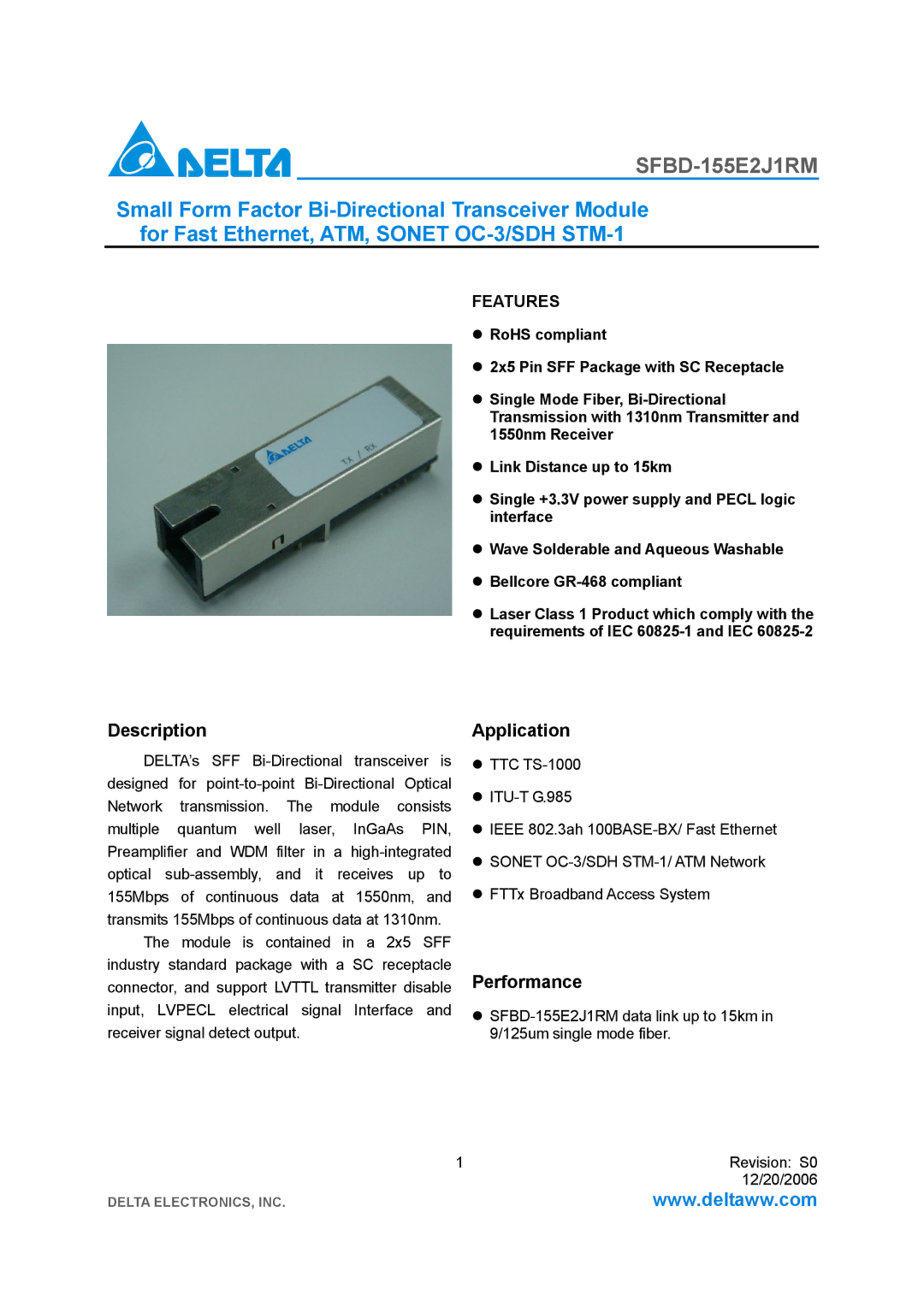 Delta Electronics SFBD-155E2J1RM manual Description, Application, Performance 