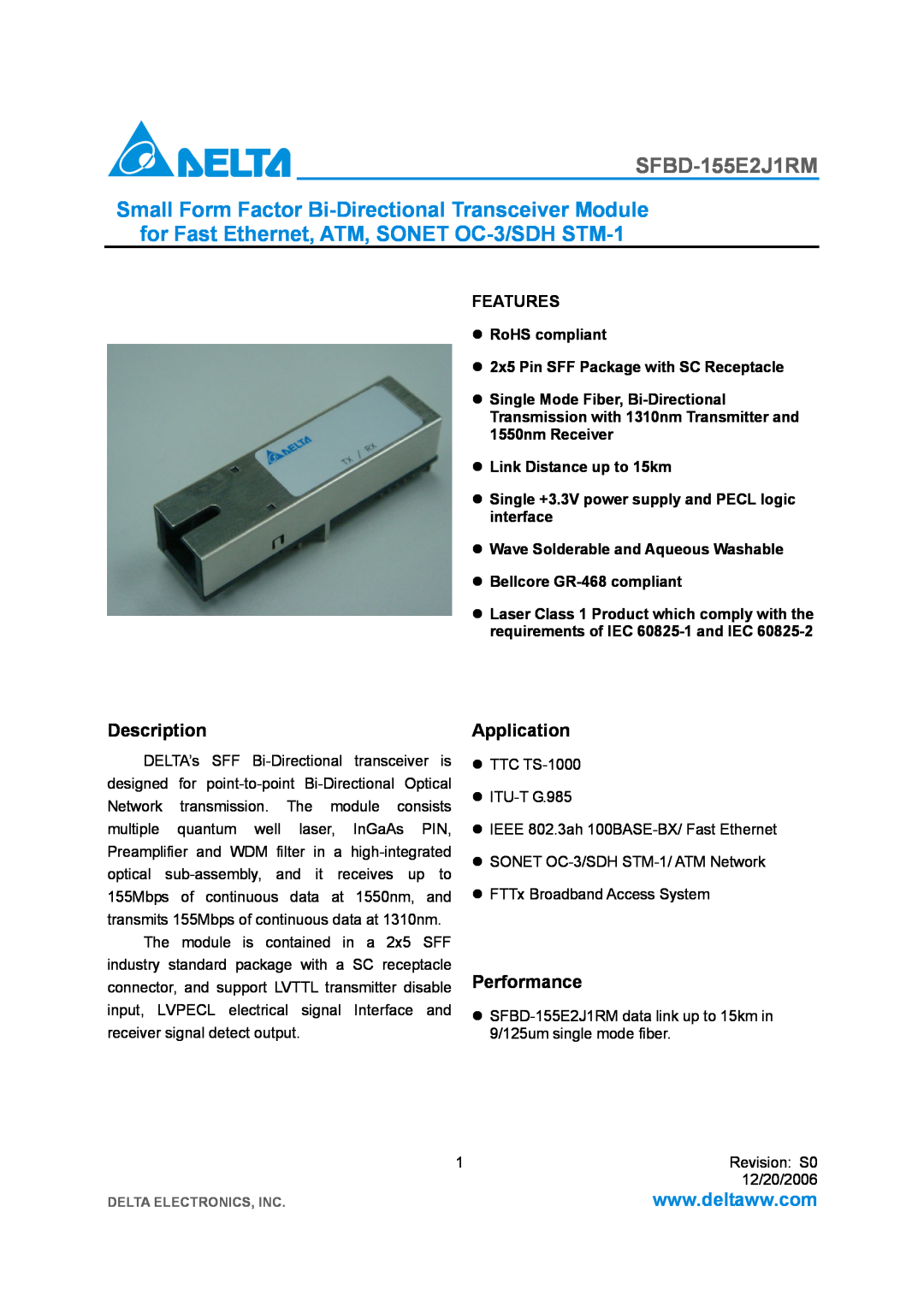 Delta Electronics SFBD-155E2J1RM manual Description, Application, Performance, Features, Link Distance up to 15km 