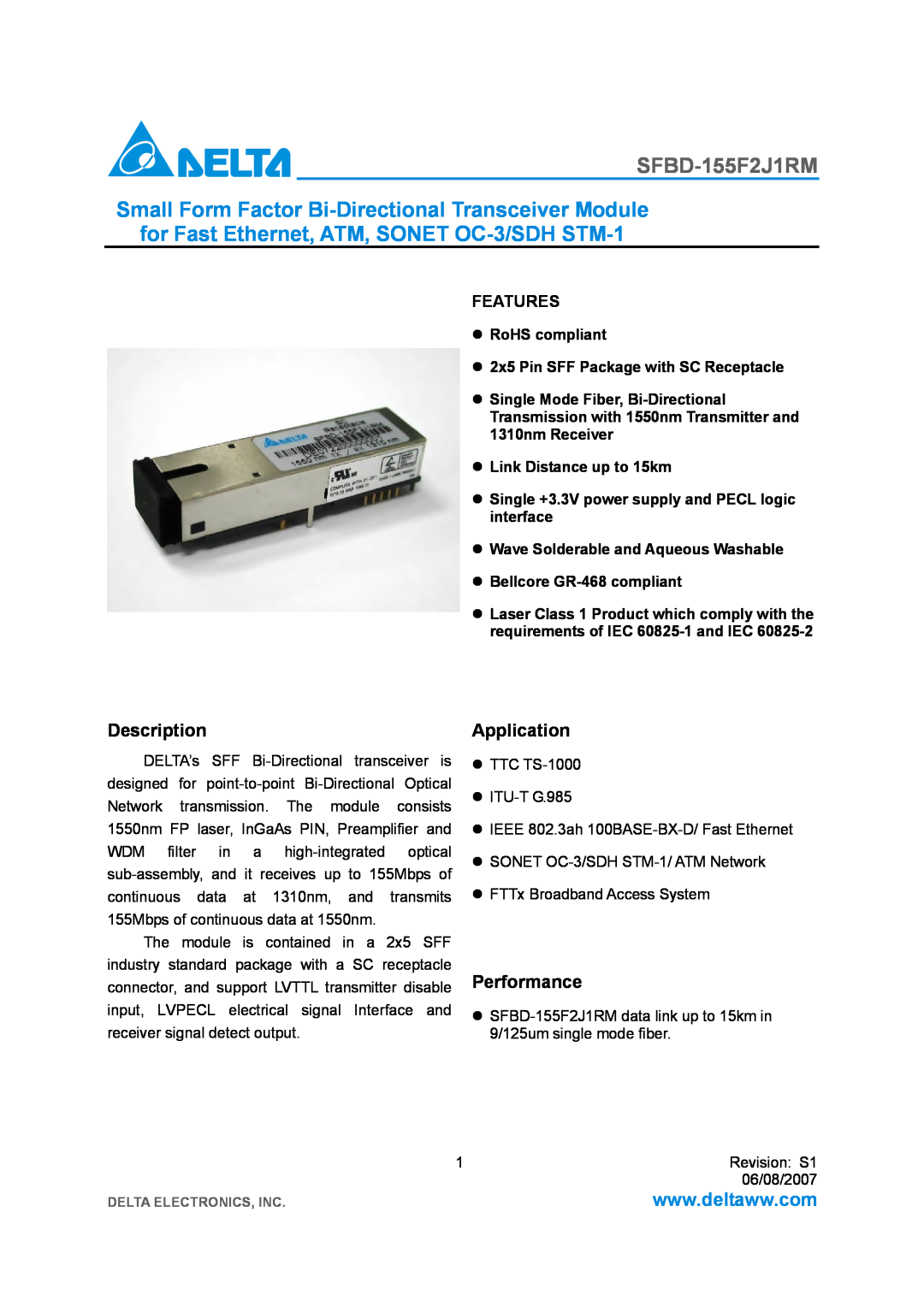 Delta Electronics SFBD-155F2J1RM manual Description, Application, Performance, Features, Link Distance up to 15km 