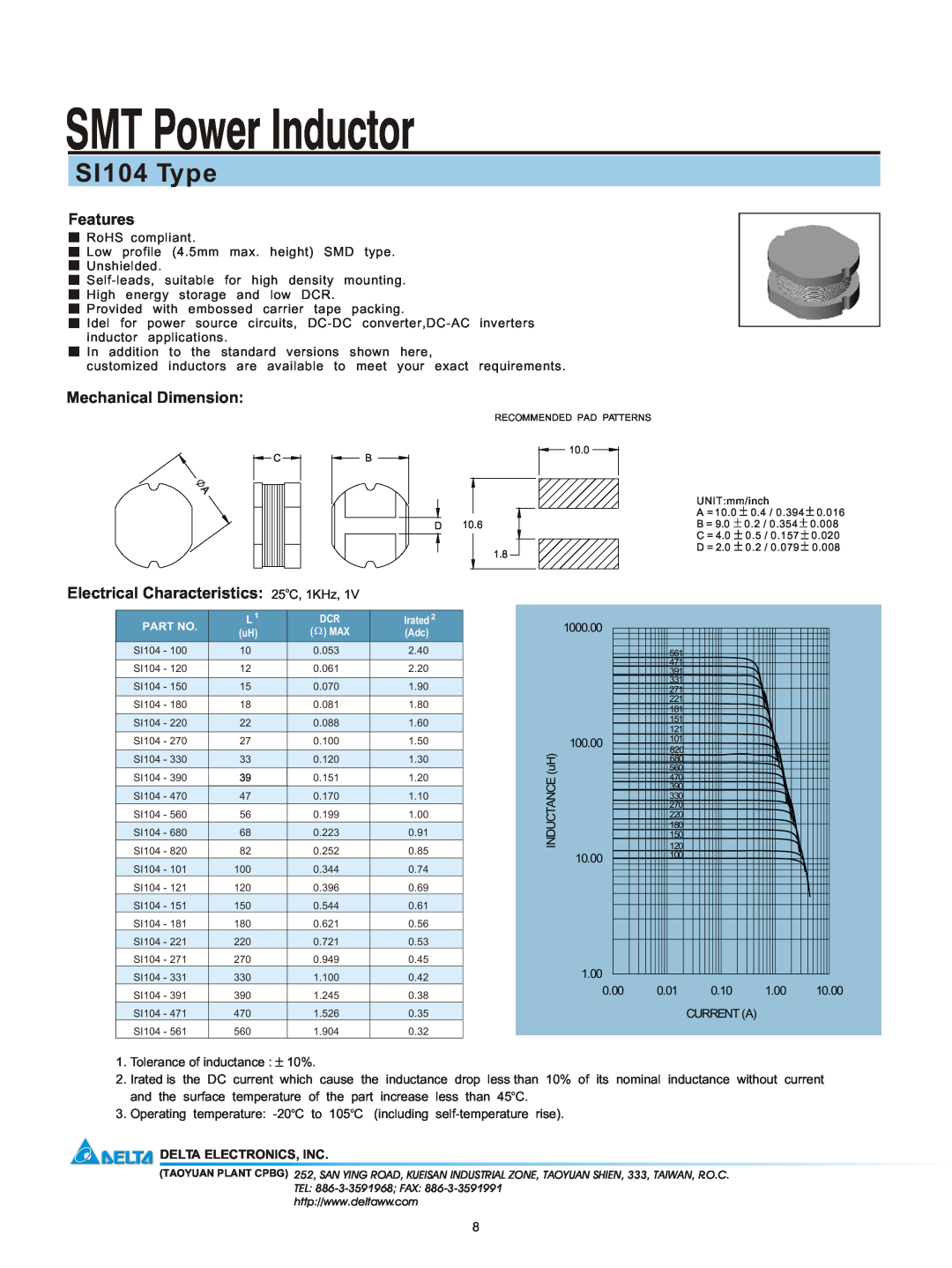 Delta Electronics manual SMT Power Inductor, SI104 Type, Features, Mechanical Dimension, Delta Electronics, Inc 