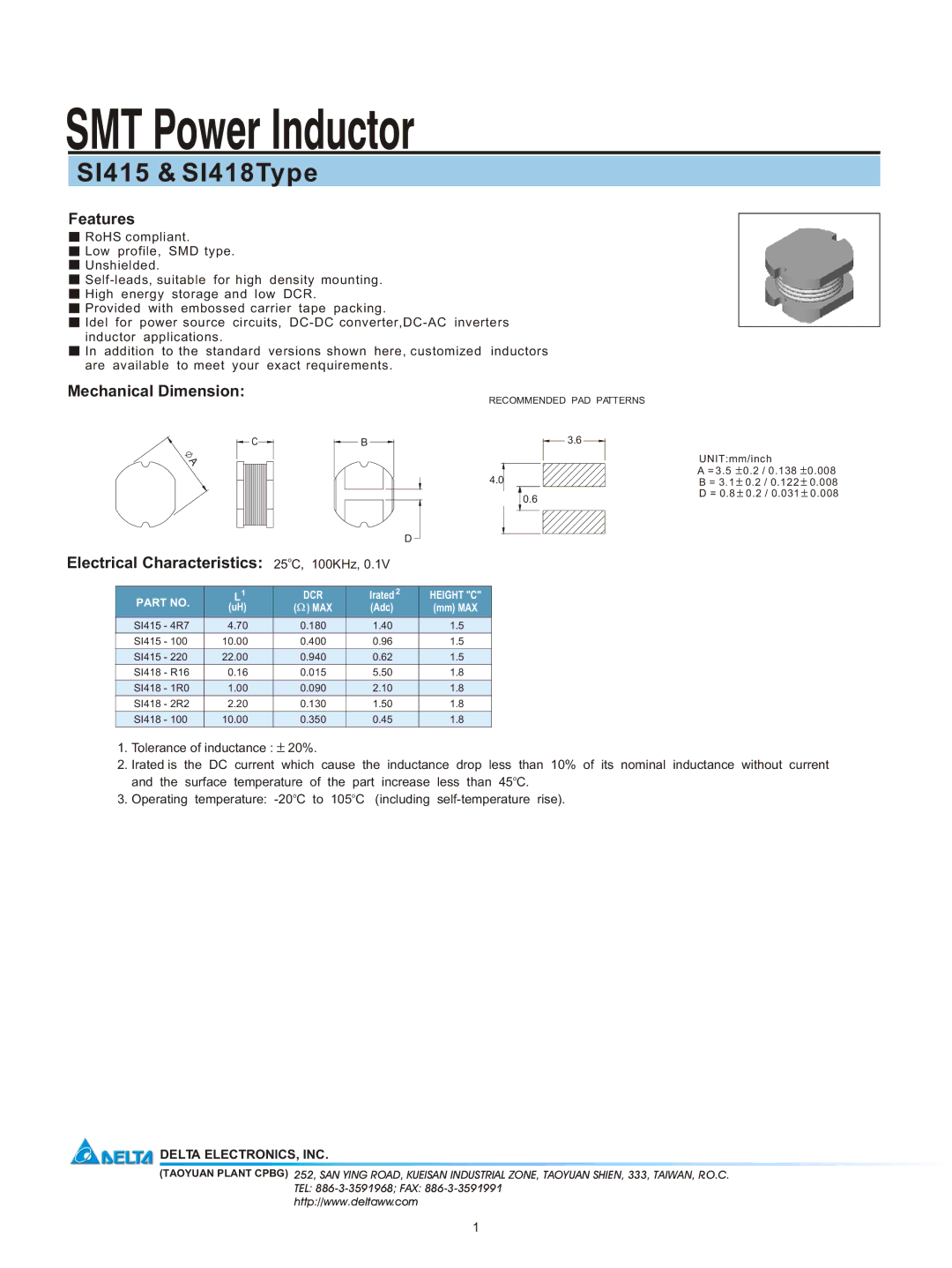 Delta Electronics manual SMT Power Inductor, SI415 & SI418Type, Features, Mechanical Dimension 