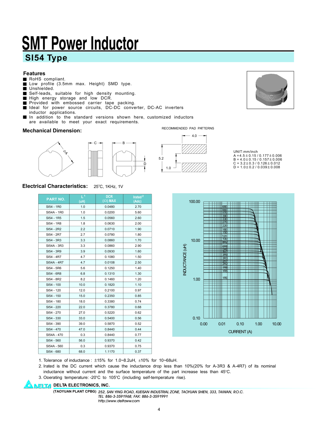 Delta Electronics manual SMT Power Inductor, SI54 Type, Features, Mechanical Dimension, Electrical Characteristics 