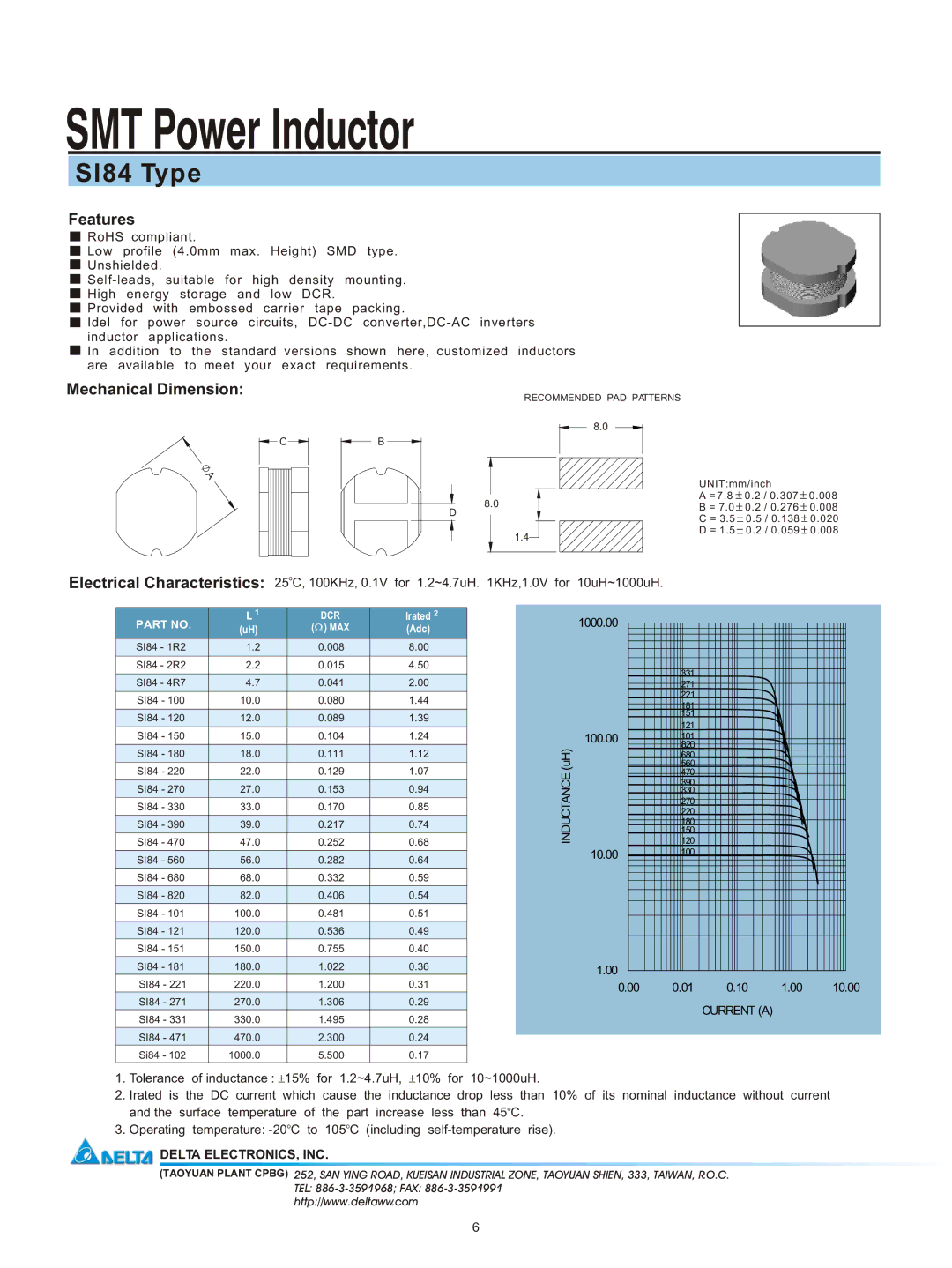 Delta Electronics manual SMT Power Inductor, SI84 Type, Features, Mechanical Dimension, Delta ELECTRONICS, INC 