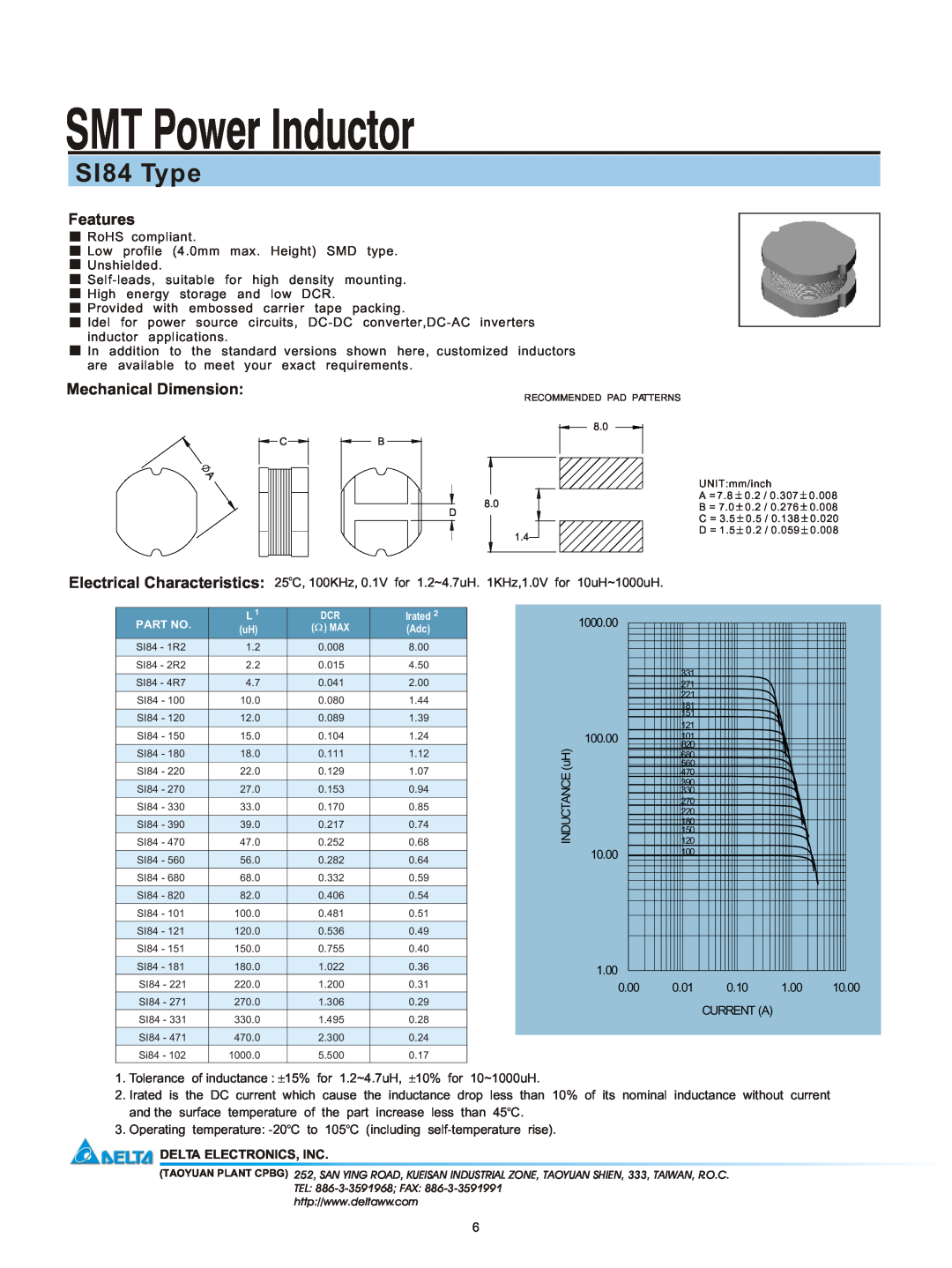 Delta Electronics manual SMT Power Inductor, SI84 Type, Features, Mechanical Dimension, Delta Electronics, Inc 