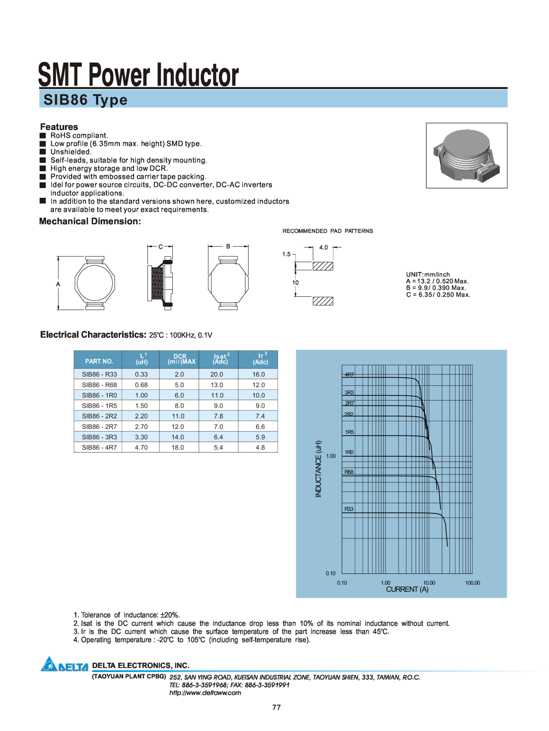 Delta Electronics manual SMT Power Inductor, SIB86 Type, Features, Mechanical Dimension, Delta Electronics, Inc 