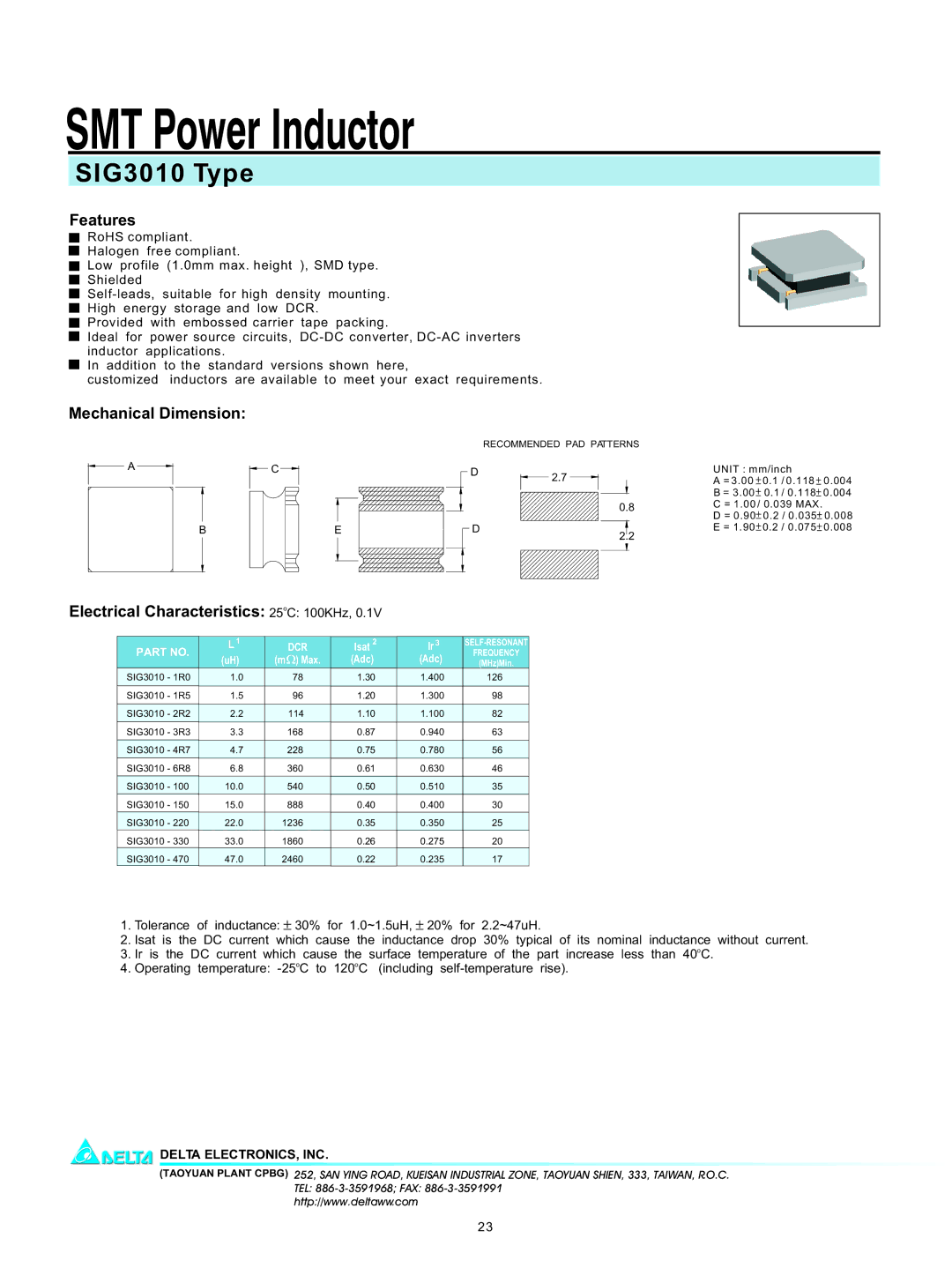 Delta Electronics manual SMT Power Inductor, SIG3010 Type, Features, Mechanical Dimension 