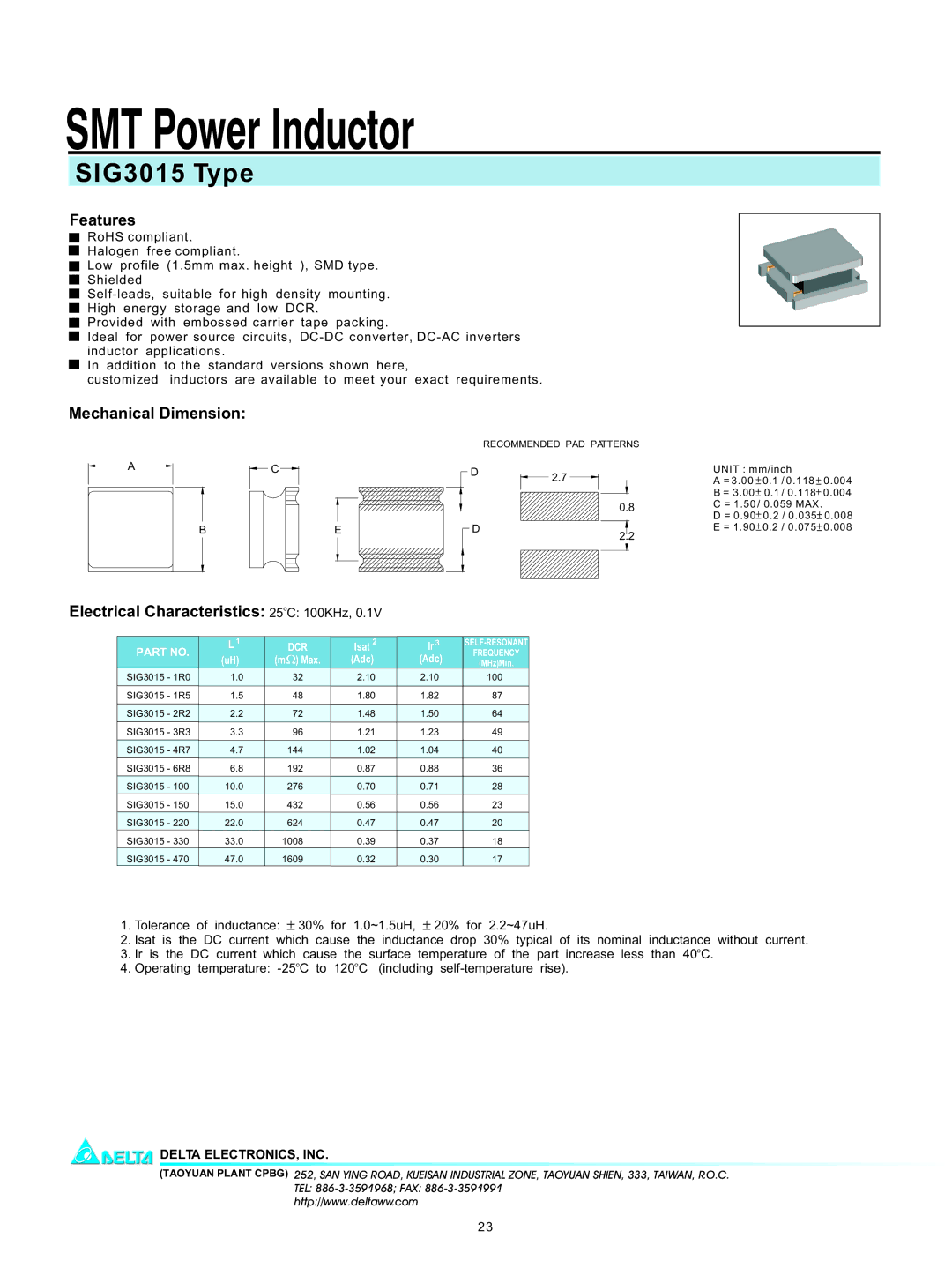 Delta Electronics manual SMT Power Inductor, SIG3015 Type, Features, Mechanical Dimension 