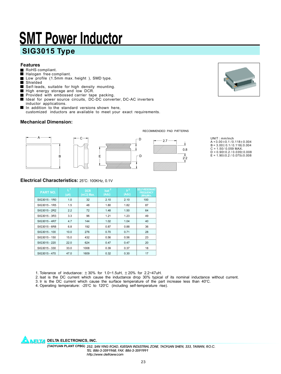 Delta Electronics manual SMT Power Inductor, SIG3015 Type, Features, Mechanical Dimension, Delta Electronics, Inc 