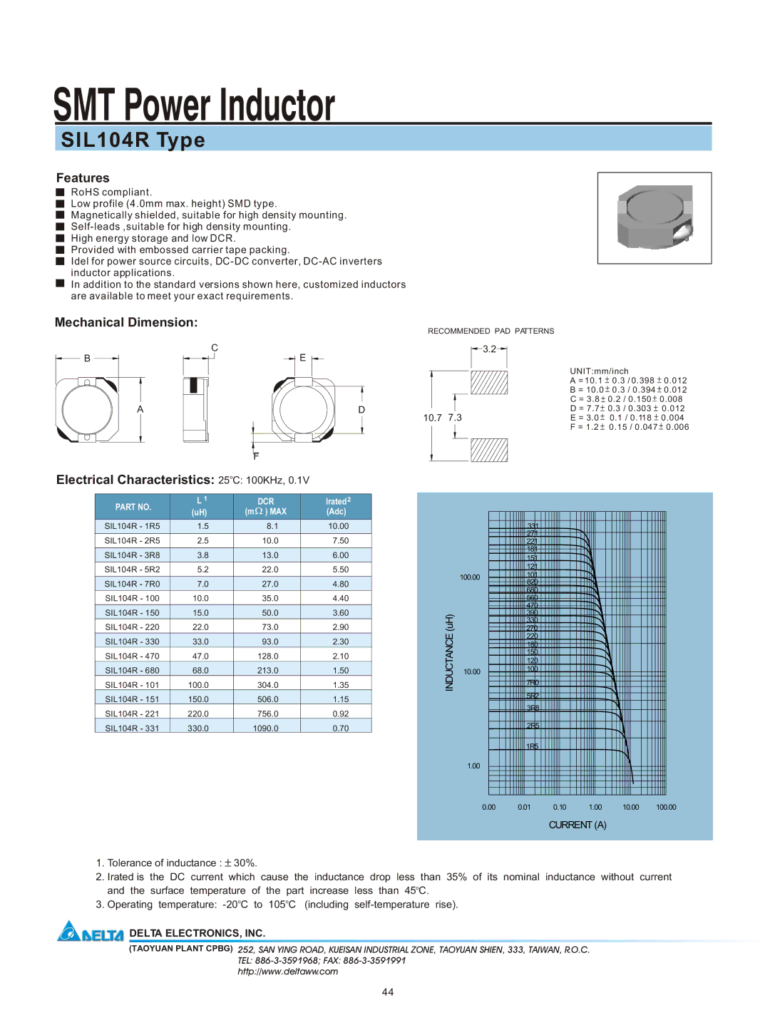 Delta Electronics manual SMT Power Inductor, SIL104R Type, Features, Mechanical Dimension 