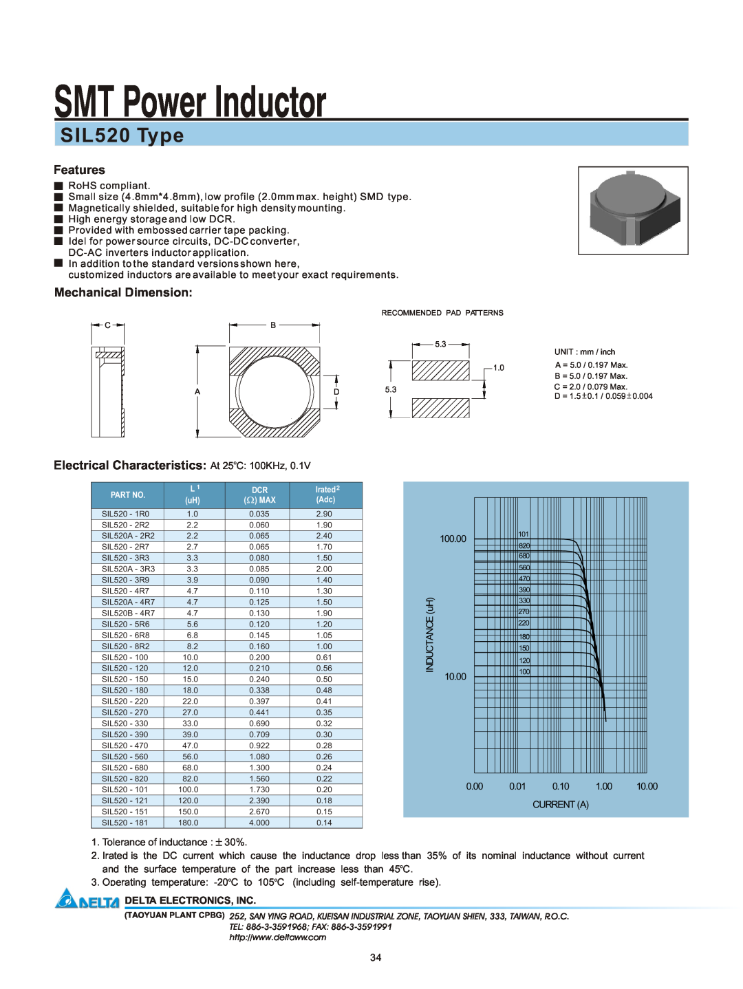 Delta Electronics manual SMT Power Inductor, SIL520 Type, Features, Mechanical Dimension, Delta Electronics, Inc 