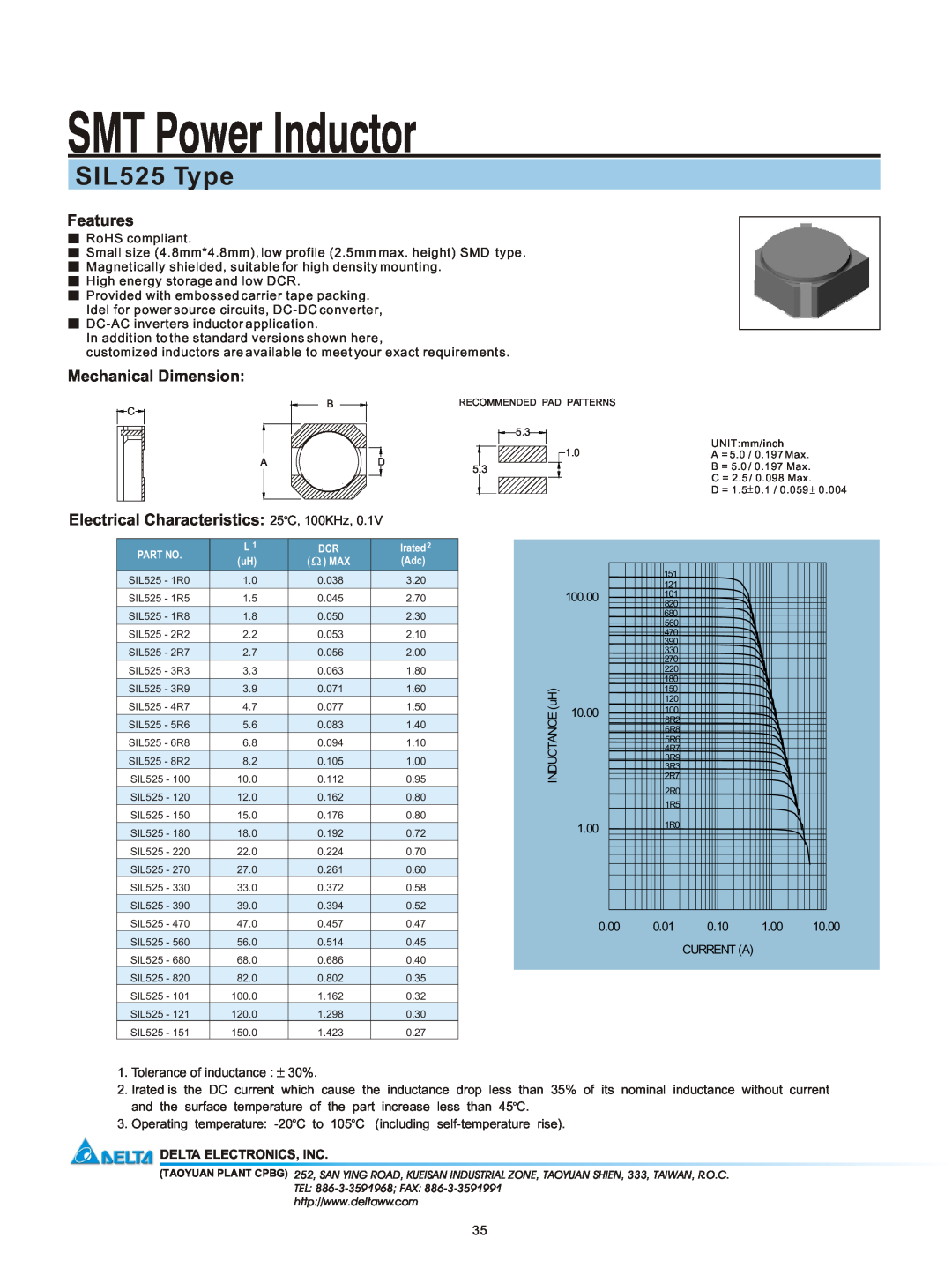 Delta Electronics manual SMT Power Inductor, SIL525 Type, Features, Mechanical Dimension, Delta Electronics, Inc 